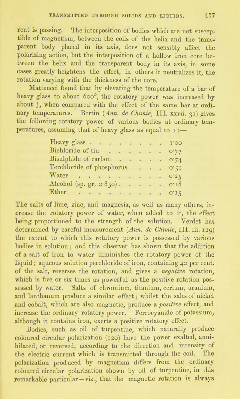 rent is passing. The interposition of bodies whieb are not suscep- tible of magnetism, between the coils of the helix and the trans- parent body placed in its axis, does not sensibly affect the polarizing action, but the interposition of a hollow iron core be- tween the helix and the transparent body in its axis, in some cases greatly heightens the effect, in others it neutralizes it, the rotation varying with the thickness of the core. Matteucci found that by elevating the temperature of a bar of heavy glass to about 600°, the rotatory power was increased by about i, when compared with the effect of the same bar at ordi- nary temperatures. Bertin {Ann. de Chimie, III. xxvii. 31) gives the following rotatoiy power of various bodies at ordinary tem- peratures, assuming that of heavy glass as equal to i :— Heavy glass roo Bichloride of tin 0*77 Bisulphide of carbon 074 Terchloride of phosphorus . . . 0*51 Water o‘25 Alcohol (sp. gr. o‘85o) o'18 Ether o'15 The salts of lime, zinc, and magnesia, as well as many others, in- crease the rotatory power of water, when added to it, the effect being proportioued to the strength of the solution. Verdet has determined by careful measurement {Ann. de Chimie, III. lii. 129) the extent to which this rotatory power is possessed by various bodies in solution; and this observer has shown that the addition of a salt of iron to water diminishes the rotatory power of the liquid ; aqueous solution perchloride of iron, containing 40 per cent, of the salt, reverses the rotation, and gives a negative rotation, which is five or six times as powerful as the positive rotation pos- sessed by water. Salts of chromium, titanium, cerium, uranium, and lanthanum produce a similar effect; whilst the salts of nickel and cobalt, which are also magnetic, produce a positive effect, and increase the ordinary rotatory power. Ferrocyanide of potassium^ although it contains iron, exerts a positive rotatory effect. Bodies, such as oil of turpentine, which naturally produce coloured circular polarization (120) have the power exalted, anni- hilated, or reversed, according to the direction and intensity of the electric current which is transmitted through the coil. The polarization produced by magnetism differs from the ordinary coloured circular polarization shown by oil of turpentine, in this remarkable particular —viz,, that the magnetic rotation is always