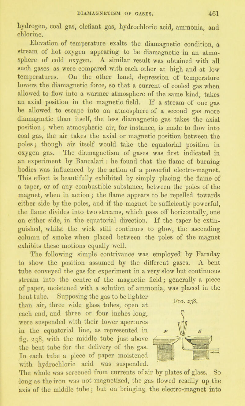 hydrogen, coal gas, olefiant gas, hydrocliloric acid, ammonia, and chlorine. Elevation of temperature exalts the diamagnetic condition, a stream of hot oxygen appearing to be diamagnetic in an atmo- sphere of cold oxygen. A similar result was obtained with all such gases as were compared with each other at high and at low temperatures. On the other hand, depression of temperature lowers the diamagnetic force, so that a current of cooled gas when allowed to flow into a warmer atmosphere of the same kind, takes an axial position in the magnetic field. If a stream of one gas be allowed to escape into an atmosphere of a second gas more diamagnetic than itself, the less diamagnetic gas takes the axial position ; when atmospheric air, for instance, is made to flow into coal gas, the air takes the axial or magnetic position between the poles; though air itself would take the equatorial position in oxygen gas. The diamagnetism of gases was first indicated in an experiment by Bancalari: he found that the flame of burning bodies was influenced by the action of a powerful electro-magnet. This efiect is beautifully exhibited by simply placing the flame of a taper, or of any combustible substance, between the poles of the magnet, when in action; the flame appears to be repelled towards either side by the poles, and if the magnet be sufficiently powerful, the flame divides into two streams, which pass ofi* horizontally, one on either side, in the equatorial direction. If the taper be extin- guished, whilst the wick still continues to glow, the ascending column of smoke when placed between the poles of the magnet exhibits these motions equally well. The following simple contrivance was employed by Earaday to show the position assumed by the different gases. A bent tube conveyed the gas for experiment in a very slow but continuous stream into the centre of the magnetic field; generally a piece of paper, moistened with a solution of ammonia, was placed in the bent tube. Supposing the gas to be lighter than air, thi’ee wide glass tubes, open at each end, and three or four inches long, were suspended with their lower apertures in the equatorial line, as represented in fig. 238, with the middle tube just above the bent tube for the delivery of the gas. In each tube a piece of paper moistened with hydrochloric acid was suspended. The whole was screened from currents of air by plates of glass. So long as the iron was not magnetized, the gas flowed readily up the axis of the middle tube; but on bringing the electro-magnet into