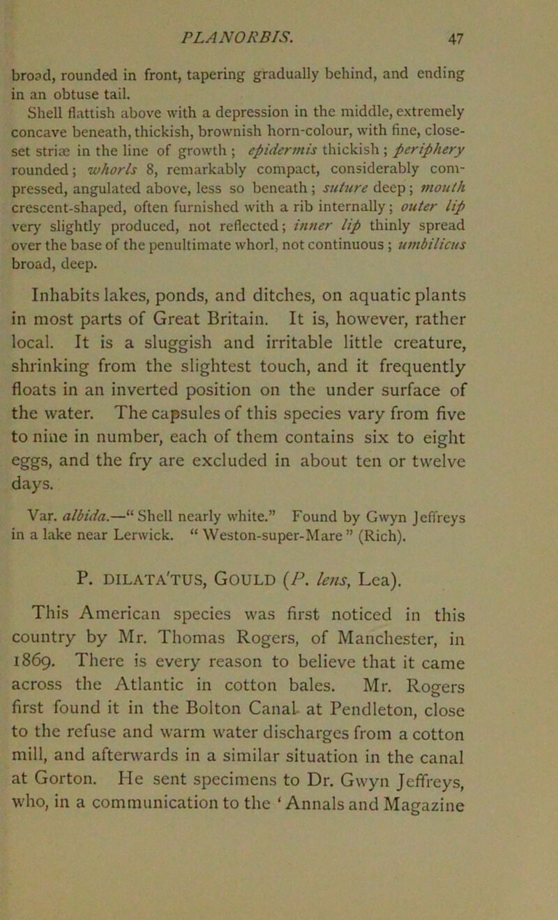 broad, rounded in front, tapering gradually behind, and ending in an obtuse tail. Shell flattish above with a depression in the middle, extremely concave beneath, thickish, brownish horn-colour, with fine, close- set striae in the line of growth ; epidermis thickish ; periphery rounded; whorls 8, remarkably compact, considerably com- pressed, angulated above, less so beneath; suhire deep; mouth crescent-shaped, often furnished with a rib internally; outer lip very slightly produced, not reflected; inner lip thinly spread over the base of the penultimate whorl, not continuous ; umbilicus broad, deep. Inhabits lakes, ponds, and ditches, on aquatic plants in most parts of Great Britain. It is, however, rather local. It is a sluggish and irritable little creature, shrinking from the slightest touch, and it frequently floats in an inverted position on the under surface of the water. The capsules of this species vary from five to nine in number, each of them contains six to eight eggs, and the fry are excluded in about ten or twelve days. Var. albida.—“Shell nearly white.” Found by Gwyn Jeffreys in a lake near Lerwick. “ Weston-super-Mare ” (Rich). P. dilata'tus, Gould {P. lens, Lea). This American species was first noticed in this country by Mr, Thomas Rogers, of Manchester, in 1869. There is every reason to believe that it came across the Atlantic in cotton bales. Mr. Rogers first found it in the Bolton Canal at Pendleton, close to the refuse and warm water discharges from a cotton mill, and afterwards in a similar situation in the canal at Gorton. He sent specimens to Dr. Gwyn Jeffreys, who, in a communication to the ‘ Annals and Magazine