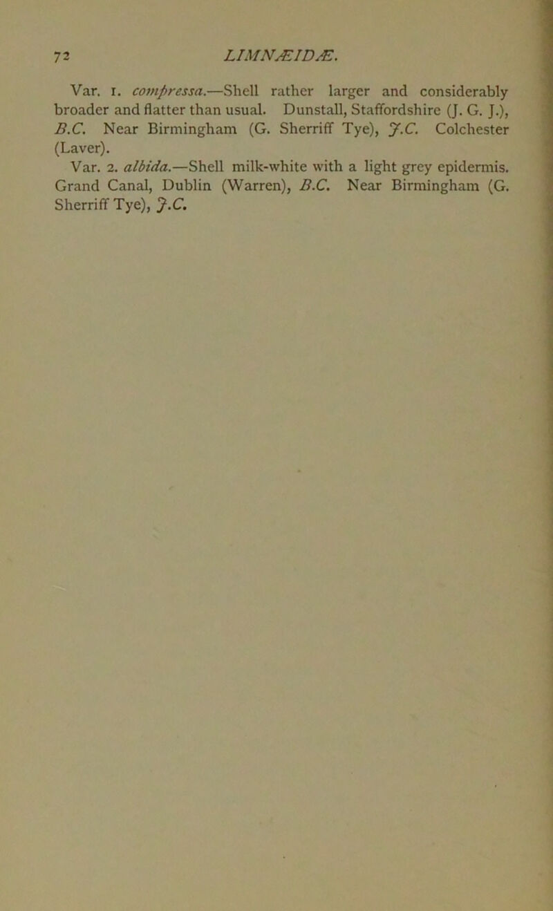 Var. I. compressa.—Shell rather larger and considerably broader and flatter than usual. Dunstall, Staffordshire (J. G. J.), B.C. Near Birmingham (G. Sherriflf Tye), J.C. Colchester (Laver). Var. 2. albida.—Shell milk-white with a light grey epidermis. Grand Canal, Dublin (Warren), B.C. Near Birmingham (G. Sherriff Tye), J.C.