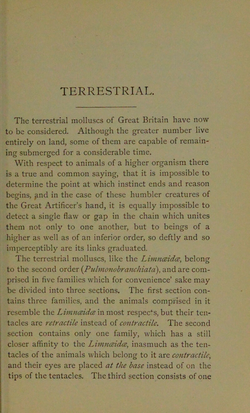 TERRESTRIAL. The terrestrial molluscs of Great Britain have now to be considered. Although the greater number live entirely on land, some of them are capable of remain- ing submerged for a considerable time. With respect to animals of a higher organism there is a true and common saying, that it is impossible to determine the point at which instinct ends and reason begins, ^nd in the case of these humbler creatures of the Great Artificer’s hand, it is equally impossible to detect a single flaw or gap in the chain which unites them not only to one another, but to beings of a higher as well as of an inferior order, so deftly and so imperceptibly are its links graduated. The terrestrial molluscs, like the LhnncBidce, belong to the second order {Pulmonobranchiata), and are com- prised in five families which for convenience’ sake may be divided into three sections. The first section con- tains three families, and the animals comprised in it resemble the Limnceidce in most respec‘’s, but their ten- tacles are retractile instead of contractile. The second section contains only one family, which has a still closer affinity to the Lininceidce, inasmuch as the ten- tacles of the animals which belong to it are contractile^ and their eyes are placed at the base instead of on the tips of the tentacles. The third section consists of one