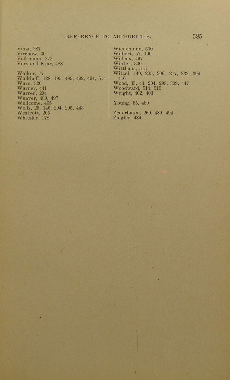 Vinzi, 287 Virchow, 30 Volkmann, 272 Vorslund-Kjar, 488 Walker, 77 Walkhoff, 128, 195, 489, 492, 494, 514 Ware, 320 Warner, 441 Warren, 294 Weaver, 489, 497 Wellcome, 465 Wells, 25, 146, 294, 295, 443 Westcott, 205 Whitslar, 178 Wiedemann, 500 Wilbert, 57, 100 Willcox, 497 Winter, 300 1o n Q Witzel, 140, 205, 206, 277, 232, 309, 416 Wood, 33, 44, 204, 298, 309, 447 Woodward, 514, 515 Wright, 402, 403 Young, 55, 489 Zederbaum, 260, 489, 494 Ziegler, 489 V I I 4,