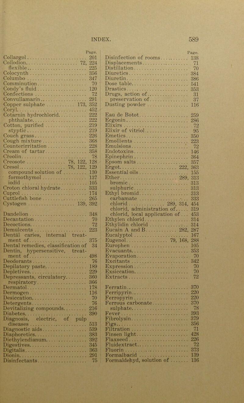 Page. . Page. Collargol 201 Disinfection of rooms .... 138 Collodion .... 72, 224 Displacements .... 71 flexible 225 Distillation .... 70 Colocynth 356 Diuretics .... 384 Columbo 347 Diuretin .... 386 Comminution 70 Dose table .... 541 Condy's fluid 120 Drastics .... 353 Confections 72 Drugs, action of . ... 31 Convullamarin 291 preservation of .... 37 Copper sulphate ... 173, 352 Dusting powder .... 116 Coryl 452 Cotarnin hydrochlorid... 222 Eau de Botot .... 259 phthalate ^ 222 Ecgonin : .... 286 Cotton, purified 219 Elixirs .... 72 styptic 219 Elixir of vitriol .... 95 Couch grass 226 Emetics .... 350 Cough mixture 368 Emollients .... 223 Counterirritation 228 Emulsions ...’. 72 Cream of tartar 358 Endotoxins .... 146 Creolin 78 Epinephrin .... 364 Creosote 78, 122, 128 Epsom salts .... 357 Cresol 78, 122, 129 Ergot 222, 363 compound solution of . 130 Essential oils .... 155 formothymol 137 Ether 289, 313 iodid 105 bromic .... 313 Croton chloral hydrate.. 333 sulphuric .... 313 Cuprol 174 Ethyl bromid .... 313 Cuttlefish bone 265 carbamate .-... 333 Cystogen ... 139, 392 chlorid 289, 314, 454 chlorid, administration of. .... 319 Dandelion 348 chlorid, local application of ... 453 Decantation 70 Ethylen chlorid 314 Decoctions 72 Ethylidin chlorid .... 314 Demulcents 223 Eucain A and B 282, 287 Dental caries, internal treat- Eucalyptol .... 167 ment of 375 Eugenol 79, 168, 288 Dental remedies, classification of 34 Europhen .- .... 105 Dentin, hypersensitive. treat- Evacuants .... 353 ment of 498 Evaporation .... 70 Deodorants 76 Excitants .... 342 Depilatory paste 189 Expression .... 70 Depletives 229 Exsiccation. .... 70 Depressants, circulatory 360 Extracts .... 72 respiratory 366 Dermatol 178 Ferratin .... 370 Dermogen 116 Ferripyrin .... 220 Desiccation 70 Ferropyrin .... 220 Detergents 76 Ferrous carbonate .... 370 Devitalizing compounds. 216 sulphate .... 78 Diabetes 390 Fever .... 393 Diagnosis, electric, of pulp Fibrolysin ; .... 379 diseases 513 Figs .... 356 Diagnostic aids 539 Filtration .... 71 Diaphoretics 383 Finsen light .... 428 Diethylendianum 392 Flaxseed .... 226 Digestives 345 Fluidextract .... 72 Digitalis 363 Fluorin .... 373 Dionin 291 Formalbacid .... 139 Disinfectants 75 Formaldehyd, solution of ... .... 136