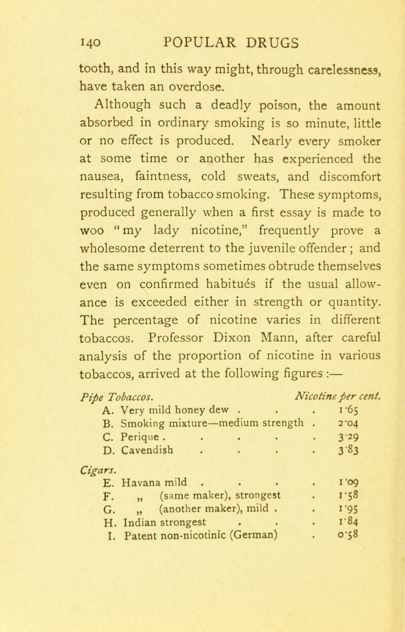 tooth, and in this way might, through carelessness, have taken an overdose. Although such a deadly poison, the amount absorbed in ordinary smoking is so minute, little or no effect is produced. Nearly every smoker at some time or another has experienced the nausea, faintness, cold sweats, and discomfort resulting from tobacco smoking. These symptoms, produced generally when a first essay is made to woo “ my lady nicotine,” frequently prove a wholesome deterrent to the juvenile offender ; and the same symptoms sometimes obtrude themselves even on confirmed habituds if the usual allow- ance is exceeded either in strength or quantity. The percentage of nicotine varies in different tobaccos. Professor Dixon Mann, after careful analysis of the proportion of nicotine in various tobaccos, arrived at the following figures :— Pipe Tobaccos. Nicotine per cent. A. Very mild honey dew . 1-65 B. Smoking mixture—medium strength . 2’04 C. Perique ..... 3-29 D. Cavendish .... 383 ^ars. E. Havana mild .... I ’09 F. „ (same maker), strongest 1-58 G. „ (another maker), mild . 1-95 H. Indian strongest r84 I. Patent non-nicotinic (German) o’s8
