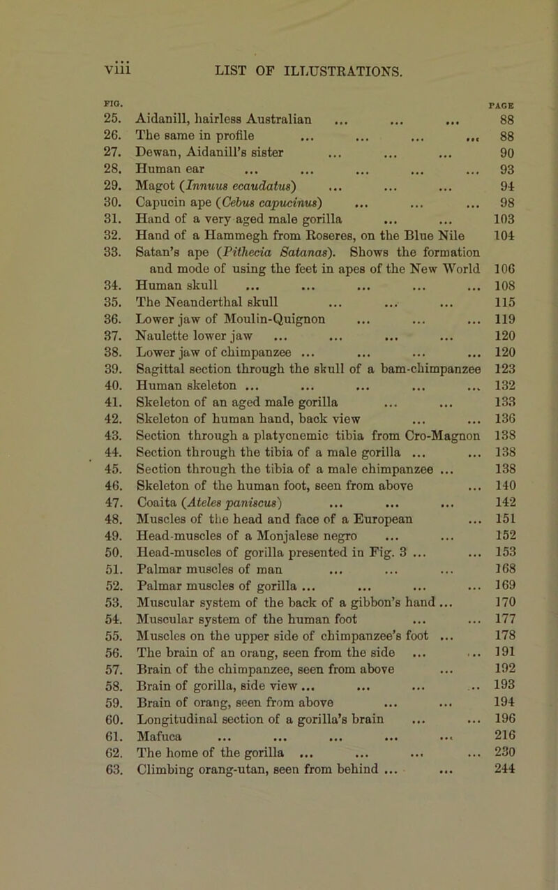 FIO. 25. 26. 27. 28. 29. 30. 31. 32. 33. 34. 35. 36. 37. 38. 39. 40. 41. 42. 43. 44. 45. 46. 47. 48. 49. 50. 51. 52. 53. 54. 55. 56. 57. 58. 59. 60. 61. 62. 63. Aidanill, hairless Australian The same in profile ... ... ... Dewan, Aidanill’s sister Human ear Magot (Innuus ecaudatus) ... Capucin ape (Cebus capucinus) Hand of a very aged male gorilla Hand of a Hammegh from Roseres, on the Blue Nile Satan’s ape (Pitliecia Satanas). Shows the formation and mode of using the feet in apes of the New World Human skull The Neanderthal skull Lower jaw of Moulin-Quignon Naulette lower jaw Lower jaw of chimpanzee ... Sagittal section through the skull of a bam-ckimpanzee Human skeleton ... Skeleton of an aged male gorilla Skeleton of human hand, back view Section through a platycnemic tibia from Cro-Magnon Section through the tibia of a male gorilla ... Section through the tibia of a male chimpanzee ... Skeleton of the human foot, seen from above Coaita (Ateles paniscus) Muscles of the head and face of a European Head-muscles of a Monjalese negro Head-muscles of gorilla presented in Fig. 3 ... Palmar muscles of man Palmar muscles of gorilla ... Muscular system of the back of a gibbon’s hand ... Muscular system of the human foot Muscles on the upper side of chimpanzee’s foot ... The brain of an oraug, seen from the side Brain of the chimpanzee, seen from above Brain of gorilla, side view ... Brain of orang, seen from above Longitudinal section of a gorilla’s brain Mafuca The home of the gorilla ... Climbing orang-utan, seen from behind ... TAGE 88 88 90 93 94 98 103 104 106 108 115 119 120 120 123 132 133 136 138 138 138 140 142 151 152 153 168 169 170 177 178 191 192 193 194 196 216 230 244
