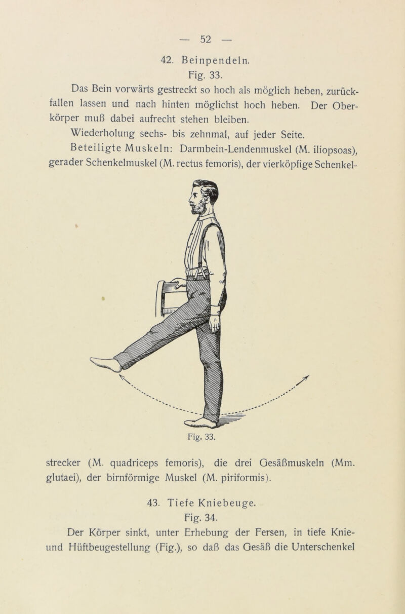 42. Beinpendeln. Fig. 33. Das Bein vorwärts gestreckt so hoch als möglich heben, zurück- fallen lassen und nach hinten möglichst hoch heben. Der Ober- körper muß dabei aufrecht stehen bleiben. Wiederholung sechs- bis zehnmal, auf jeder Seite. Beteiligte Muskeln: Darmbein-Lendenmuskel (M. iliopsoas), gerader Schenkelmuskel (M. rectus femoris), der vierköpfige Schenkel- Fig. 33. Strecker (M. quadriceps femoris), die drei Gesäßmuskeln (Mm. glutaei), der bimförmige Muskel (M. piriformis). 43. Tiefe Kniebeuge. Fig. 34. Der Körper sinkt, unter Erhebung der Fersen, in tiefe Knie- und Hüftbeugestellung (Fig.), so daß das Gesäß die Unterschenkel