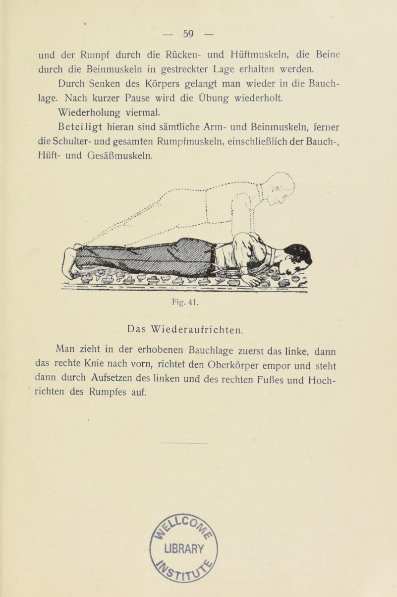 und der Rumpf durch die Rücken- und Hüftmuskeln, die Beine durch die Beinmuskeln in gestreckter Lage erhalten werden. Durch Senken des Körpers gelangt man wieder in die Bauch- lage. Nach kurzer Pause wird die Übung wiederholt. Wiederholung viermal. Beteiligt hieran sind sämtliche Arm- und Beinmuskeln, ferner die Schulter- und gesamten Rumpfmuskeln, einschließlich der Bauch-, Hüft- und Gesäßmuskeln. Fig. 41. Das Wiederaufrichten. Man zieht in der erhobenen Bauchlage zuerst das linke, dann das rechte Knie nach vorn, richtet den Oberkörper empor und steht dann durch Aufsetzen des linken und des rechten Fußes und Hoch- richten des Rumpfes auf.