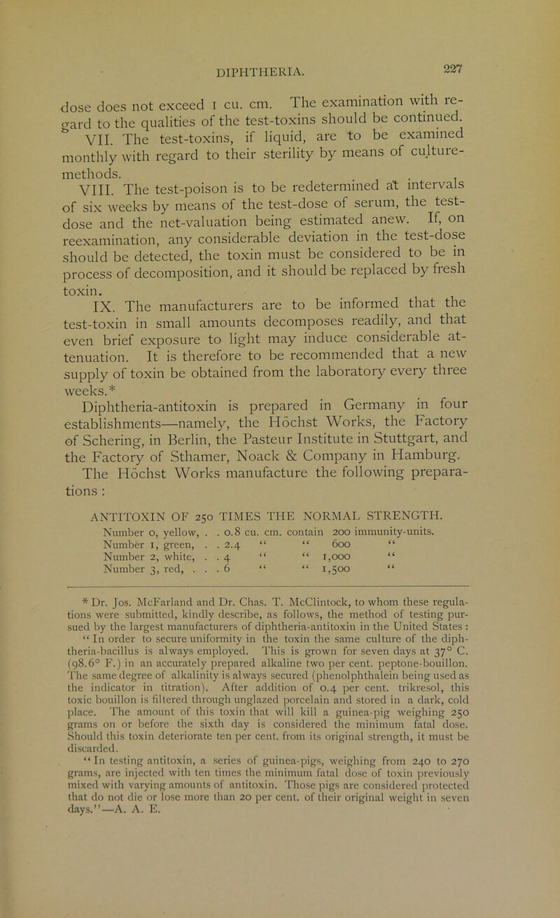 dose does not exceed i cu. cm. The examination with re- gard to the qualities of the test-toxins should be continued. VII. The test-toxins, if liquid, are to be examined monthly with regard to their sterility by means of culture- methods. _ . VIII. The test-poison is to be redetermined at intervals of six weeks by means of the test-dose of serum, the test- dose and the net-valuation being estimated anew. If, on reexamination, any considerable deviation in the test-dose should be detected, the toxin must be considered to be in process of decomposition, and it should be replaced by fiesh toxin. IX. The manufacturers are to be informed that the test-toxin in small amounts decomposes readily, and that even brief exposure to light may induce considerable at- tenuation. It is therefore to be recommended that a new supply of toxin be obtained from the laboratory every thiee weeks.* Diphtheria-antitoxin is prepared in Germany in four establishments—namely, the Hochst Works, the Factory of Schering, in Berlin, the Pasteur Institute in Stuttgart, and the Factory of Sthamer, Noack & Company in Hamburg. The Hochst Works manufacture the following prepara- tions : ANTITOXIN OF 250 TIMES THE NORMAL STRENGTH. Number O, yellow, . .0.8 cu. cm. contain 200 immunity-units. Number 1, green, . . 2.4 “ “ 600 “ Number 2, white, . . 4 “ “ 1,000 “ Number 3, red, ... 6 “ “ 1,500 “ *Dr. Jos. McFarland and Dr. Chas. T. McClintock, to whom these regula- tions were submitted, kindly describe, as follows, the method of testing pur- sued by the largest manufacturers of diphtheria-antitoxin in the United States : “In order to secure uniformity in the toxin the same culture of the diph- theria-bacillus is always employed. This is grown for seven days at 370 C. (98.6° F.) in an accurately prepared alkaline two per cent, peptone-bouillon. The same degree of alkalinity is always secured (phenolphthalein being used as the indicator in titration). After addition of 0.4 per cent, trikresol, this toxic bouillon is filtered through unglazed porcelain and stored in a dark, cold place. The amount of this toxin that will kill a guinea-pig weighing 250 grams on or before the sixth day is considered the minimum fatal dose. Should this toxin deteriorate ten per cent, from its original strength, it must be discarded. “In testing antitoxin, a series of guinea-pigs, weighing from 240 to 270 grams, are injected with ten times the minimum fatal dose of toxin previously mixed with varying amounts of antitoxin. Those pigs are considered protected that do not die or lose more than 20 per cent, of their original weight in seven days.”—A. A. E.