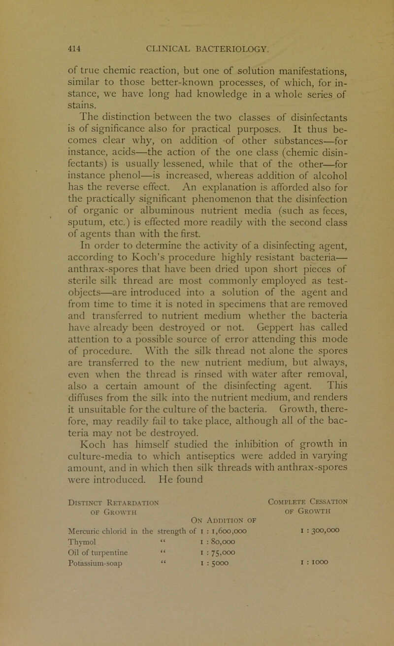 of true chemic reaction, but one of solution manifestations, similar to those better-known processes, of which, for in- stance, we have long had knowledge in a whole series of stains. The distinction between the two classes of disinfectants is of significance also for practical purposes. It thus be- comes clear why, on addition of other substances—for instance, acids—the action of the one class (chemic disin- fectants) is usually lessened, while that of the other—for instance phenol—is increased, whereas addition of alcohol has the reverse effect. An explanation is afforded also for the practically significant phenomenon that the disinfection of organic or albuminous nutrient media (such as feces, sputum, etc.) is effected more readily with the second class of agents than with the first. In order to determine the activity of a disinfecting agent, according to Koch’s procedure highly resistant bacteria— anthrax-spores that have been dried upon short pieces of sterile silk thread are most commonly employed as test- objects—are introduced into a solution of the agent and from time to time it is noted in specimens that are removed and transferred to nutrient medium whether the bacteria have already been destroyed or not. Geppert has called attention to a possible source of error attending this mode of procedure. With the silk thread not alone the spores are transferred to the new nutrient medium, but always, even when the thread is rinsed with water after removal, also a certain amount of the disinfecting agent. This diffuses from the silk into the nutrient medium, and renders it unsuitable for the culture of the bacteria. Growth, there- fore, may readily fail to take place, although all of the bac- teria may not be destroyed. Koch has himself studied the inhibition of growth in culture-media to which antiseptics were added in varying amount, and in which then silk threads with anthrax-spores were introduced. He found Distinct Retardation of Growth On Addition of Mercuric chlorid in the strength of I : 1,600,000 Thymol “ 1 : 80,000 Oil of turpentine “ 1 : 75,000 Potassium-soap “ 1 : S°°° Complete Cessation of Growth 1 :300,000 1 : 1000