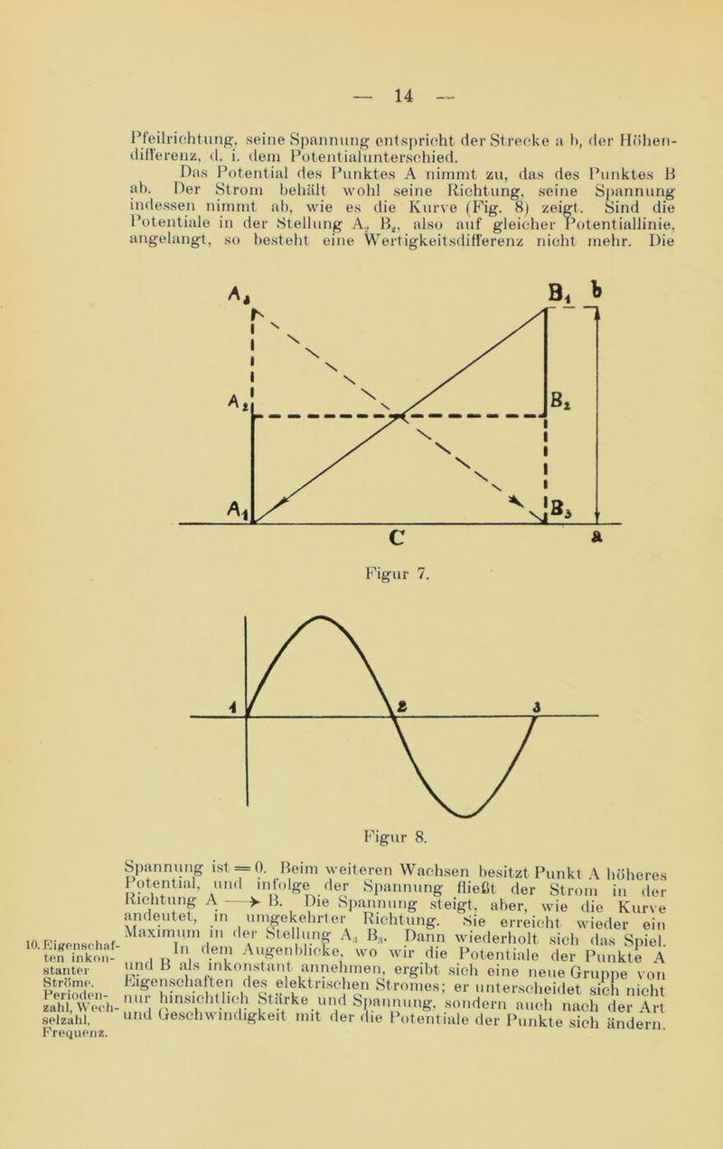 Pfeilrichtung, seine Spannung entspricht der Strecke a b, der Höhen- differenz, d. i. dem Potential unterschied. Das Potential des Punktes A nimmt zu, das des Punktes 11 ab. Der Strom behält wohl seine Richtung, seine Spannung indessen nimmt ab, wie es die Kurve (Fig. 8) zeigt. Sind die Potentiale in der Stellung A., B„, also auf gleicher Potentiallinie, angelangt, so besteht eine Wertigkeitsdifferenz nicht mehr. Die Figur 8. 10. Eigenschaf- ten inkon- stanter Ströme. Perioden- zahl, Wech- selzahl, Frequenz. Spannung ist==0. Reim weiteren Wachsen besitzt Punkt A höheres Potential, und infolge der Spannung fließt der Strom in der Richtung A >- R. Die Spannung steigt, aber, wie die Kurve andeutet, in umgekehrter Richtung. Sie erreicht wieder ein Maximum in der Stellung A, R,. Dann wiederholt sich das Spiel In dem Augenblicke wo wir die Potentiale der Punkte A und L als inkonstant annehmen, ergibt sich eine neue Gruppe von Eigenschaften des elektrischen Stromes; er unterscheidet sich nicht nur hinsichtlich Starke und Spannung, sondern auch nach der Art und Geschwindigkeit mit der die Potentiale der Punkte sich ändern