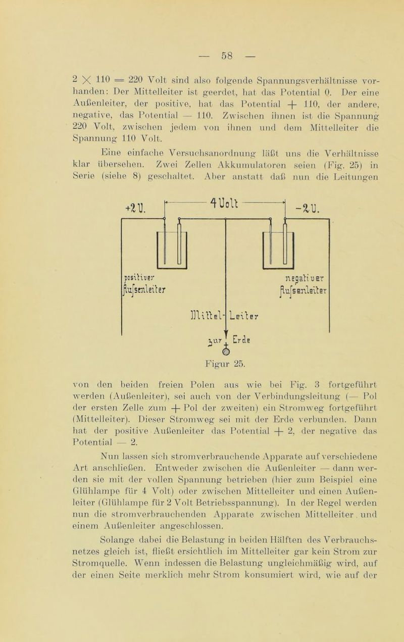 2 X HO = 220 Volt sind also folgende Spannungsverhältnisse vor- handen: Der Mittelleiter ist geerdet, hat das Potential 0. Der eine Außenleiter, der positive, hat das Potential -(- 110, der andere, negative, das Potential — 110. Zwischen ihnen ist die Spannung 220 Volt, zwischen jedem von ihnen und dem Mittelleiter die Spannung 110 Volt. Eine einfache Versuchsanordnung läßt uns die Verhältnisse klar übersehen. Zwei Zellen Akkumulatoren seien (Fig. 25) in Serie (siehe 8) geschaltet. Aber anstatt daß nun die Leitungen von den beiden freien Polen aus wie bei Fig. 3 fortgeführt werden (Außenleiter), sei auch von der Verbindungsleitung (— Pol der ersten Zelle zum -j- Pol der zweiten) ein Stromweg fortgeführt (Mittelleiter). Dieser Stromweg sei mit der Erde verbunden. Dann hat der positive Außenleiter das Potential -)- 2, der negative das Potential — 2. Nun lassen sieh ström verbrauchende Apparate auf verschiedene Art anschließen. Entweder zwischen die Außenleiter — dann wer- den sie mit der vollen Spannung betrieben (hier zum Beispiel eine Glühlampe für 4 Volt) oder zwischen Mittelleiter und einen Außen- leiter (Glühlampe für 2 Volt Betriebsspannung), ln der Regel werden nun die stromverbrauchenden Apparate zwischen Mittelleiter. und einem Außenleiter angeschlossen. Solange dabei die Belastung in beiden Hälften des Verbrauchs- netzes gleich ist, fließt ersichtlich im Mittelleiter gar kein Strom zur Stromquelle. Wenn indessen die Belastung ungleichmäßig wird, auf der einen Seite merklich mehr Strom konsumiert wird, wie auf der