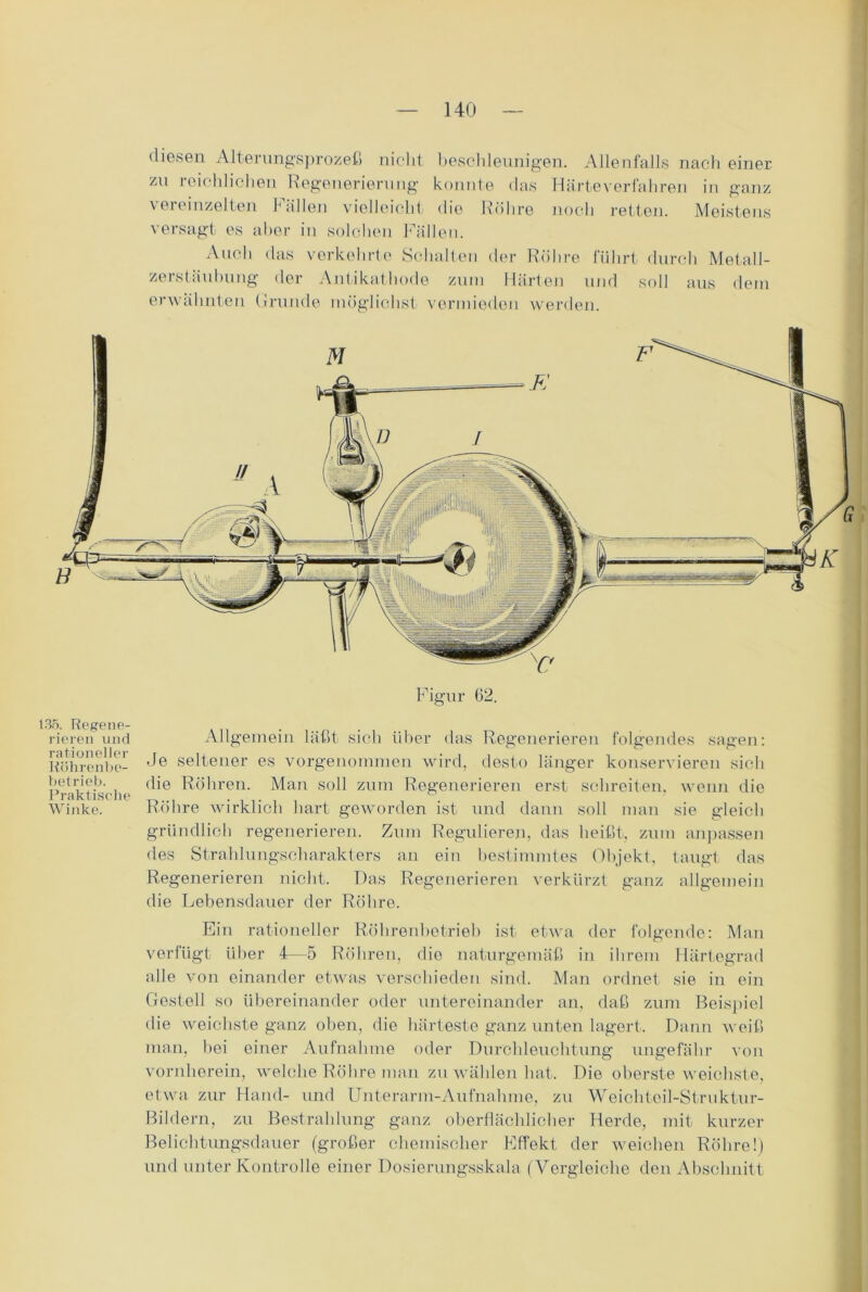 diesen Alterungsprozefi nicht beschleunigen. Allenfalls nach einer zu reichlichen Regenerierung konnte das Härte verfahren in ganz vereinzelten hallen vielleicht die Röhre noch retten. Meistens versagt es aber in solchen Fällen. Auch das verkehrte Schalten der Röhre führt durch Metall- zerstäubung der Antikathode zum Härten und soll aus dein erwähnten Grunde möglichst vermieden werden. Figur 62. 135. Regene- rieren und rationeller Röhrenbe- betrieb. Praktische Winke. Allgemein läßt sich über das Regenerieren folgendes sagen: Je seltener es vorgenommen wird, desto länger konservieren sich die Röhren. Man soll zum Regenerieren erst schreiten, wenn die Röhre wirklich hart geworden ist und dann soll man sie gleich gründlich regenerieren. Zum Regulieren, das heißt, zum anpassen des Strahlungscharakters an ein bestimmtes Objekt, taugt das Regenerieren nicht. Das Regenerieren verkürzt ganz allgemein die Lebensdauer der Röhre. Ein rationeller Röhrenbetrieb ist etwa der folgende: Man verfügt über 4—5 Röhren, die naturgemäß in ihrem Härtegrad alle von einander etwas verschieden sind. Man ordnet sie in ein Gestell so übereinander oder untereinander an, daß zum Beispiel die weichste ganz oben, die härteste ganz unten lagert. Dann weiß man, hei einer Aufnahme oder Durchleuchtung ungefähr von vornherein, welche Röhre man zu wählen hat. Die oberste weichste, etwa zur Hand- und Unterarm-Aufnahme, zu Weichteil-Struktur- Bildern, zu Bestrahlung ganz oberflächlicher Herde, mit kurzer Belichtungsdauer (großer chemischer Effekt der weichen Röhre!) und unter Kontrolle einer Dosierungsskala (Vergleiche den Abschnitt