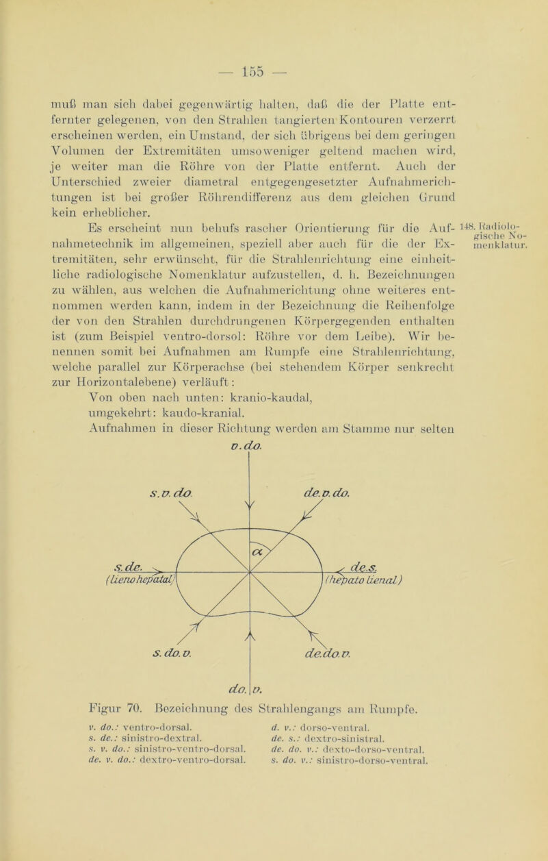 muß man sich dabei gegenwärtig halten, daß die der Platte ent- fernter gelegenen, von den Strahlen tangierten Kontouren verzerrt erscheinen werden, ein Umstand, der sich übrigens hoi dem geringen Volumen der Extremitäten umsoweniger geltend machen wird, je weiter man die Röhre von der Platte entfernt. Auch der Unterschied zweier diametral entgegengesetzter Aufnahmerich- tungen ist hei großer Röhrendifl'erenz aus dem gleichen Grund kein erheblicher. Es erscheint nun behufs rascher Orientierung für die Auf- nahmetechnik im allgemeinen, speziell aber auch für die der Ex- tremitäten, sehr erwünscht, für die Stralilenrichtung eine einheit- liche radiologische Nomenklatur aufzustellen, d. h. Bezeichnungen zu wählen, aus welchen die Aufnahmerichtung ohne weiteres ent- nommen werden kann, indem in der Bezeichnung die Reihenfolge der von den Strahlen durchdrungenen Körpergegenden enthalten ist (zum Beispiel ventro-dorsol: Röhre vor dem Leibe). Wir be- nennen somit bei Aufnahmen am Rumpfe eine Strahlenrichtung, welche parallel zur Körperachse (bei stehendem Körper senkrecht zur Horizontalebene) verläuft: Von oben nach unten: kranio-kaudal, umgekehrt: kaudo-kranial. Aufnahmen in dieser Richtung werden am Stamme nur selten ö.do. Figur 70. Bezeichnung des Strahlengangs am Rumpfe. v. doventro-dorsal. d. v.: dorso-ventral. s. de.: sinistro-dextral. de. s.: dextro-sinistral. s. v. do.: äinistro-ventro-dorsal. de. do. v.: dexto-dorso-ventral. de. v. do.: dextro-ventro-dorsal. s. do. v..- sinistro-dorso-ventral. 14S. Radiolo- gische No- menklatur.