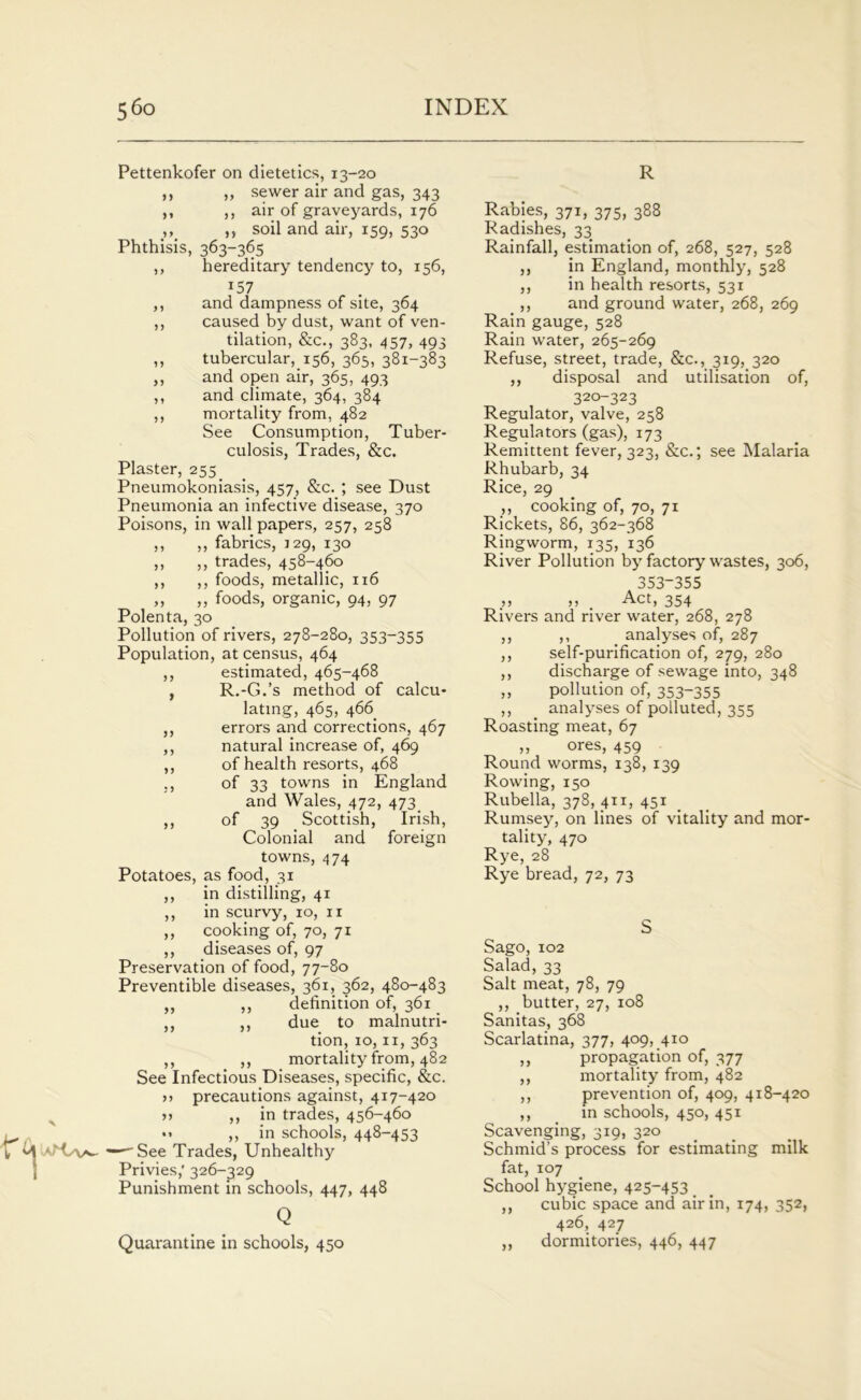 Pettenkofer on dietetics, 13-20 ,, ,, sewer air and gas, 343 ,, ,, air of graveyards, 176 ,, ,, soil and air, 159, 530 Phthisis, 363-365 ,, hereditary tendency to, 156, x57 ,, and dampness of site, 364 ,, caused by dust, want of ven- tilation, &c., 383, 457, 493 ,, tubercular, 156, 365, 381-383 ,, and open air, 365, 493 ,, and climate, 364, 384 ,, mortality from, 482 See Consumption, Tuber- culosis, Trades, &c. Plaster, 255 Pneumokoniasis, 457, &c. ; see Dust Pneumonia an infective disease, 370 Poisons, in wall papers, 257, 258 ,, ,, fabrics, 129, 130 ,, ,, trades, 458-460 ,, ,, foods, metallic, 116 „ ,, foods, organic, 94, 97 Polenta, 30 Pollution of rivers, 278-280, 353-355 Population, at census, 464 ,, estimated, 465-468 , R.-G.’s method of calcu- lating, 465, 466 ,, errors and corrections, 467 ,, natural increase of, 469 ,, of health resorts, 468 ,, of 33 towns in England and Wales, 472, 473 ,, of 39 Scottish, Irish, Colonial and foreign towns, 474 Potatoes, as food, 31 ,, in distilling, 41 ,, in scurvy, 10, 11 ,, cooking of, 70, 71 ,, diseases of, 97 Preservation of food, 77-80 Preventible diseases, 361, 362, 480-483 ,, ,, definition of, 361 ,, ,, due to malnutri- tion, 10,11, 363 ,, ,, mortality from, 482 See Infectious Diseases, specific, &c. >> precautions against, 417-420 >> ,, in trades, 456-460 •• ,, in schools, 448-453 — See Trades, Unhealthy Privies,' 326-329 Punishment in schools, 447, 448 Q Quarantine in schools, 450 R Rabies, 371, 375, 388 Radishes, 33 Rainfall, estimation of, 268, 527, 528 ,, in England, monthly, 528 ,, in health resorts, 531 ,, and ground water, 268, 269 Rain gauge, 528 Rain water, 265-269 Refuse, street, trade, &c., 319, 320 ,, disposal and utilisation of, 320-323 Regulator, valve, 258 Regulators (gas), 173 Remittent fever, 323, &c.; see Malaria Rhubarb, 34 Rice, 29 ,, cooking of, 70, 71 Rickets, 86, 362-368 Ringworm, 135, 136 River Pollution by factory wastes, 306, 353-355 >> >> ' Act, 354 Rivers and river water, 268, 278 ,, ,, analyses of, 287 ,, self-purification of, 279, 280 ,, discharge of sewage into, 348 „ pollution of, 353-355 ,, analyses of polluted, 355 Roasting meat, 67 „ ores, 459 Round worms, 138, 139 Rowing, 150 Rubella, 378, 411, 451 Rumsey, on lines of vitality and mor- tality, 470 Rye, 28 Rye bread, 72, 73 S Sago, 102 Salad, 33 Salt meat, 78, 79 ,, butter, 27, 108 Sanitas, 368 Scarlatina, 377, 409, 410 ,, propagation of, 377 ,, mortality from, 482 ,, prevention of, 409, 418-420 ,, in schools, 450, 451 Scavenging, 319, 320 Schmid’s process for estimating milk fat, 107 School hygiene, 425-453 _ ,, cubic space and air in, 174, 352, 426, 427 ,, dormitories, 446, 447