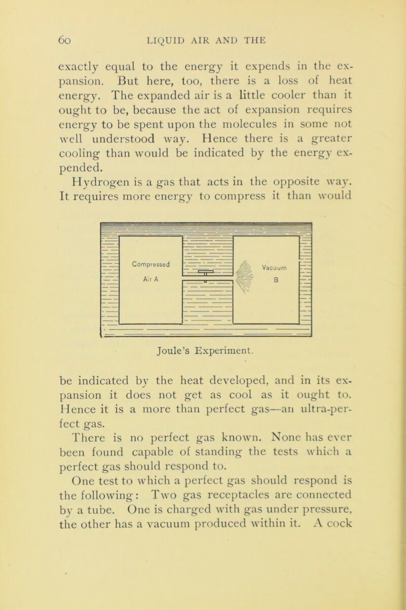 exactly equal to the energy it expends in the ex- pansion. But here, too, there is a loss of heat energy. The expanded air is a little cooler than it ought to be, because the act of expansion requires energy to be spent upon the molecules in some not well understood way. Hence there is a greater cooling than would be indicated by the energy ex- pended. Hydrogen is a gas that acts in the opposite way. It requires more energy to compress it than would - - ■■■■•= ; — — — Compressed .. r-—, Vacuum ... ■ Air A B — — — — Joule’s Experiment. be indicated by the heat developed, and in its ex- pansion it does not get as cool as it ought to. Hence it is a more than perfect gas—an ultra-per- fect gas. There is no perfect gas known. None has ever been found capable of standing the tests which a perfect gas should respond to. One test to which a perfect gas should respond is the following: Two gas receptacles are connected bv a tube. One is charged with gas under pressure, the other has a vacuum produced within it. A cock