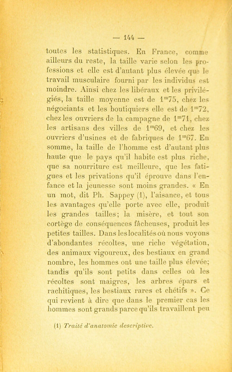toutes les statistiques. En France, comme ailleurs du reste, la taille varie selon les pro- fessions et elle est d’autant plus élevée que le travail musculaire fourni par les individus est moindre. Ainsi chez les libéraux et les privilé- giés, la taille moyenne est de lm75, chez les négociants et les boutiquiers elle est de lm72, chez les ouvriers de la campagne de lm7i, chez les artisans des villes de lra69, et chez les ouvriers d’usines et de fabriques de lm67. En somme, la taille de l’homme est d’autant plus haute que le pays qu’il habite est plus riche, que sa nourriture est meilleure, que les fati- gues et les privations qu’il éprouve dans l'en- fance et la jeunesse sont moins grandes. « En un mot, dit Ph. Sappey (1), l’aisance, et tous les avantages qu’elle porte avec elle, produit les grandes tailles; la misère, et tout son cortège de conséquences fâcheuses, produit les petites tailles. Dans leslocalités où nous voyons d’abondantes récoltes, une riche végétation, des animaux vigoureux, des bestiaux en grand nombre, les hommes ont une taille plus élevée; tandis qu’ils sont petits dans celles où les récoltes sont maigres, les arbres épars et rachitiques, les bestiaux rares et chétifs ». Ce qui revient à dire que dans le premier cas les hommes sont grands parce qu’ils travaillent peu ( 1) Traité d’anatomie descriptive.