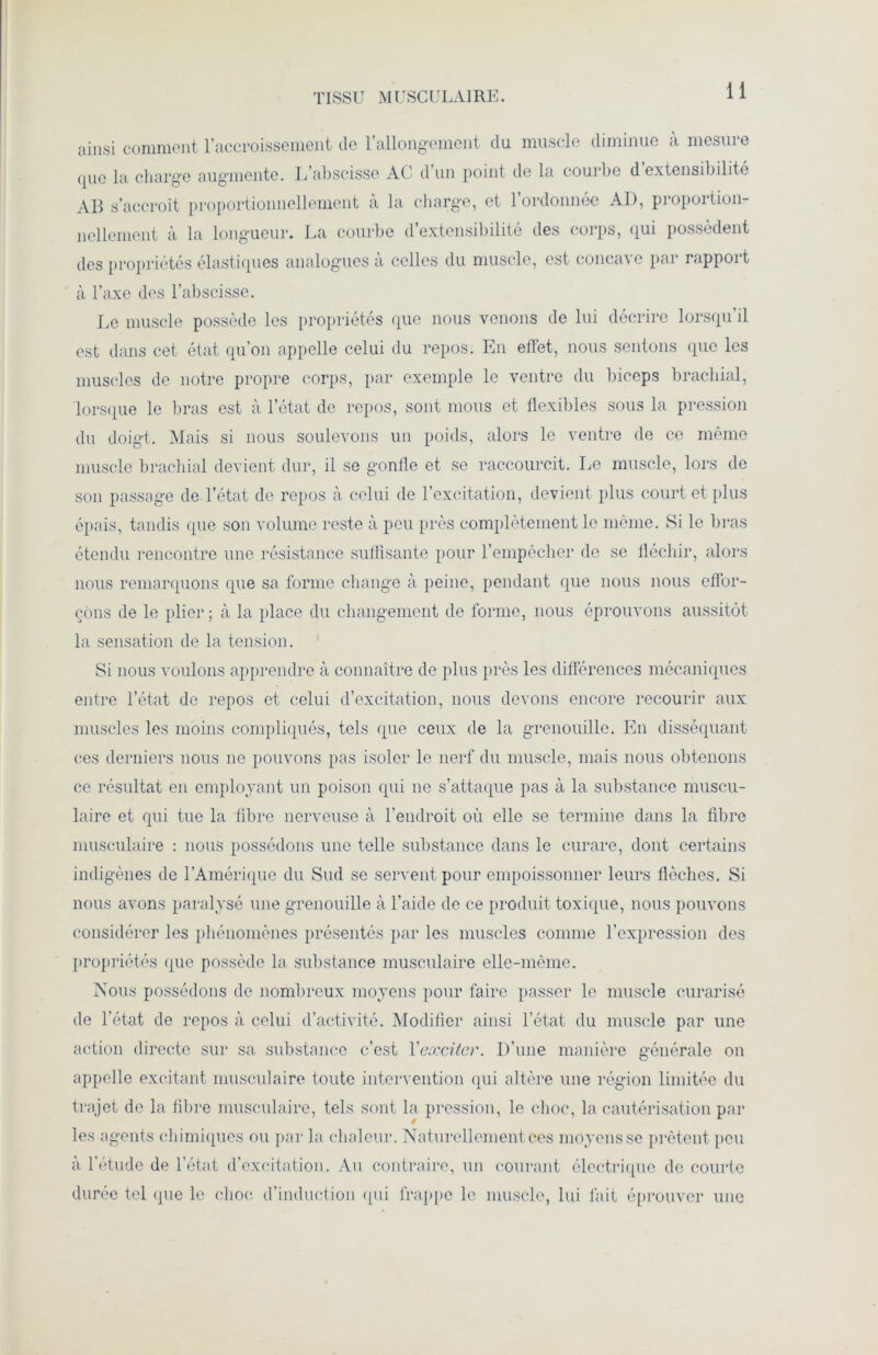 ainsi comment l’accroissement de l’allongement du muscle diminue à mesure que la charge augmente. L’abscisse AC d’un point de la courbe d’extensibilité AB s’accroît proportionnellement à la charge, et l’ordonnée Al), proportion- nellement à la longueur. La courbe d’extensibilité des corps, qui possèdent des propriétés élastiques analogues à celles du muscle, est concave par rapport à l’axe des l’abscisse. Le muscle possède les propriétés que nous venons de lui décrire lorsqu’il est dans cet état qu’on appelle celui du repos. En effet, nous sentons que les muscles de notre propre corps, par exemple le ventre du biceps brachial, lorsque le bras est à l’état de repos, sont mous et flexibles sous la pression du doigt. Mais si nous soulevons un poids, alors le ventre de ce même muscle brachial devient dur, il se gonfle et se raccourcit. Le muscle, lors de son passage de l’état de repos à celui de l’excitation, devient plus court et plus épais, tandis que son volume reste à peu près complètement le même. Si le bras étendu rencontre une résistance suffisante pour l’empêcher de se fléchir, alors nous remarquons que sa forme change à peine, pendant que nous nous effor- çons de le plier; à la place du changement de forme, nous éprouvons aussitôt la sensation de la tension. 1 Si nous voulons apprendre à connaître de plus près les différences mécaniques entre l’état de repos et celui d’excitation, nous devons encore recourir aux muscles les moins compliqués, tels que ceux de la grenouille. En disséquant ces derniers nous ne pouvons pas isoler le nerf du muscle, mais nous obtenons ce résultat en employant un poison qui ne s’attaque pas à la substance muscu- laire et qui tue la fibre nerveuse à l’endroit où elle se termine dans la fibre musculaire : nous possédons une telle substance dans le curare, dont certains indigènes de l’Amérique du Sud se servent pour empoissonner leurs flèches. Si nous avons paralysé une grenouille à l’aide de ce produit toxique, nous pouvons considérer les phénomènes présentés par les muscles comme l’expression des propriétés que possède la substance musculaire elle-même. Nous possédons de nombreux moyens pour faire passer le muscle curarisé de l'état de repos à celui d’activité. Modifier ainsi l’état du muscle par une action directe sur sa substance c’est l'exciter. D’une manière générale on appelle excitant musculaire toute intervention (pii altère une région limitée du trajet de la fibre musculaire, tels sont la pression, le choc, la cautérisation par les agents chimiques ou par la chaleur. Naturellement ces moyens se prêtent peu à l’étude de l’état d’excitation. Au contraire, un courant électrique de courte durée tel (pie le choc d’induction qui frappe le muscle, lui fait éprouver une