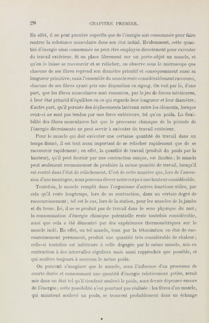 En ellet, il ne peut paraître superllu que de l’énergie soit consommée pour faire rentrer la substance musculaire dans son état initial. Evidemment, cette quan- tité d’énergie ainsi consommée ne peut être employée directement pour exécuter du travail extérieur. Si on place librement sur un porte-objet un muscle, et qu’on le laisse se raccourcir et se relâcher, on observe sous le microscope que chacune de ses libres reprend son diamètre primitif et conséquemment aussi sa longueur primitive ; mais l’ensemble du muscle reste considérablement raccourci, chacune de ses fibres ayant pris une disposition en zigzag. On voit par là, d’une part, que les fibres musculaires sont ramenées, par le jeu de forces intérieures, à leur état primitif d’équilibre en ce qui regarde leur longueur et leur diamètre ; d’autre part, qu’il persiste des déplacements latéraux entre les éléments, lorsque ceux-ci ne sont pas tendus par une force extérieure, tel qu’un poids. La llexi- bilité des fibres musculaires fait que le processus chimique de la période de l’énergie décroissante ne peut servir à exécuter du travail extérieur. Pour le muscle qui doit exécuter une certaine quantité de travail dans un temps donné, il est tout aussi important de se relâcher rapidement que de se raccourcir rapidement ; en effet, la quantité de travail (produit du poids par la hauteur), qu’il peut fournir par une contraction unique, est limitée; le muscle peut seulement recommencer de produire la môme quantité de travail, lorsqu'il est rentré dans l’état de relâchement. C’est de cette manière que, lors de l’ascen- sion d’une montagne, nous pouvons élever notre corps à une hauteur considérable. Toutefois, le muscle remplit dans l’organisme d’autres fonctions utiles, par cela qu’il reste longtemps, lors de sa contraction, dans un certain degré de raccourcissement ; tel est le cas, lors de la station, pour les muscles de la jambe et du tronc. Ici, il ne se produit pas de travail dans le sens physique du mot; la consommation d’énergie chimique potentielle reste toutefois considérable, ainsi que cela a été démontré par des expériences thermométriques sur le muscle isolé. En effet, un tel muscle, tenu par la tétanisation en état de rac- courcissement permanent, produit une quantité très considérable de chaleur; celle-ci toutefois est inférieure à celle dégagée par le même muscle, mis en contraction à des intervalles réguliers mais aussi rapprochés que possible, et qui soulève toujours à nouveau le même poids. On pourrait s’imaginer que le muscle, sous l’influence d’un processus de courte durée et consommant une quantité d’énergie relativement petite, serait mis dans un état tel qu’il tiendrait soulevé le poids, sans devoir dépenser encore de l’énergie ; cette possibilité n’est pourtant pas réalisée : les fibres d’un muscle, qui maintient soulevé un poids, se trouvent probablement dans un échange