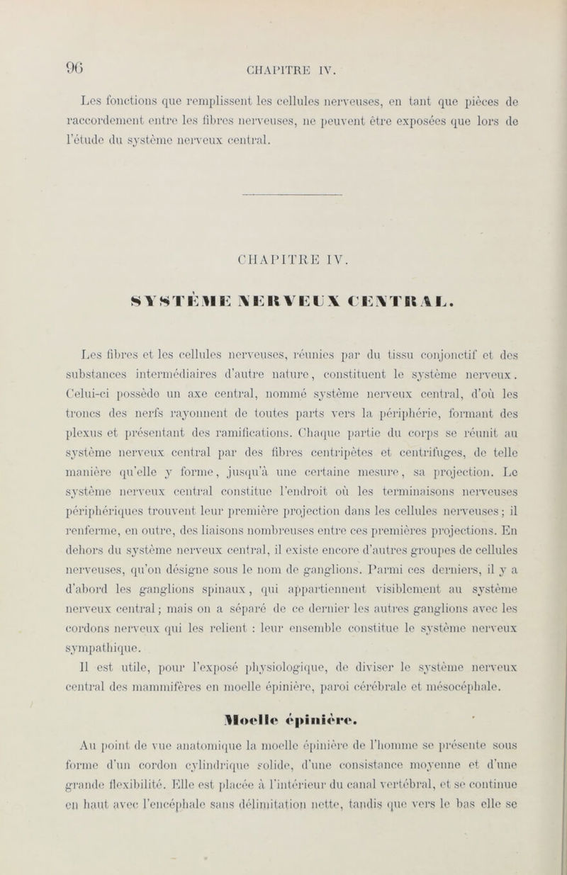 Les fonctions que remplissent les cellules nerveuses, en tant que pièces (le raccordement entre les fibres nerveuses, 11e peuvent être exposées (pie lors de l’étude du système nerveux central. CHAPITRE IV. SYSTEME NERVEUX CENTRAL Les fibres et les cellules nerveuses, réunies par du tissu conjonctif et des substances intermédiaires d’autre nature, constituent le système nerveux. Celui-ci possède un axe central, nommé système nerveux central, d’où les troncs des nerfs rayonnent de toutes parts vers la périphérie, formant des plexus et présentant des ramifications. Chaque partie du corps se réunit au système nerveux central par des fibres centripètes et centrifuges, de telle manière qu’elle y forme, jusqu’à une certaine mesure, sa projection. Le système nerveux central constitue l’endroit où les terminaisons nerveuses périphériques trouvent leur première projection dans les cellules nerveuses; il renferme, en outre, des liaisons nombreuses entre ces premières projections. En dehors du système nerveux central, il existe encore d’autres groupes de cellules nerveuses, qu’on désigne sous le nom de ganglions. Parmi ces derniers, il y a d’abord les ganglions spinaux, qui appartiennent visiblement au système nerveux central; mais on a séparé de ce dernier les autres ganglions avec les cordons nerveux qui les relient : leur ensemble constitue le système nerveux sympathique. Il est utile, pour l’exposé physiologique, de diviser le système nerveux central des mammifères en moelle épinière, paroi cérébrale et mésocéphale. Moelle épinière. Au point de vue anatomique la moelle épinière de l’homme se présente sous forme d’un cordon cylindrique solide, d’une consistance moyenne et d'une grande flexibilité. Elle est placée à l’intérieur du canal vertébral, et se continue en haut avec l’encéphale sans délimitation nette, tandis que vers le bas elle se