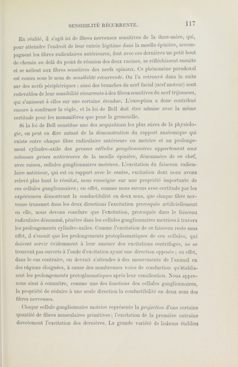 SENSIBILITÉ RÉCURRENTE. En réalité, il s’agit ici de fibres nerveuses sensitives de la dure-mère, qui, pour atteindre l’endroit de leur entrée légitime dans la moelle epinière, accom- pagnent les fibres radiculaires antérieures, font avec ces dernières un petit bout de chemin au delà du point de reunion des deux racines, se rcflec]lissent ensuite et se mêlent aux fibres sensitives des nerfs spinaux. Ce phénomène paradoxal est connu sous le nom de sensibilité récurrente. On l’a retrouvé dans la suite sur des nerfs périphériques : ainsi des branches du nerf facial (nerf moteur) sont redevables de leur sensibilité récurrente à des fibres sensitives du nerf trijumeau, qui s’unissent à elles sur une certaine étendue. L’exception a donc contribué encore à confirmer la règle, et la loi de Bell doit être admise avec la même certitude pour les mammifères que pour la grenouille. Si la loi de Bell constitue une des acquisitions les plus sûres de la physiolo- gie, on peut en dire autant de la démonstration du rapport anatomique qui existe entre chaque fibre radiculaire antérieure ou motrice et un prolonge- ment cylindre-axile des grosses cellules ganglionnaires appartenant aux colonnes grises antérieures de la moelle épinière, dénommées de ce chef, avec raison, cellules ganglionnaires motrices. L’excitation du faisceau radicu- laire antérieur, qui est en rapport avec le centre, excitation dont nous avons relevé plus haut le résultat, nous renseigne sur une propriété importante de ces cellules ganglionnaires ; en effet, comme nous savons avec certitude par les expériences démontrant la conductibilité en deux sens, que chaque fibre ner- veuse transmet dans les deux directions l’excitation provoquée artificiellement en elle, nous devons conclure que l’excitation, provoquée dans le faisceau radiculaire dénommé, pénètre dans les cellules ganglionnaires motrices à travers les prolongements cylindre-axiles. Comme l’excitation de ce faisceau reste sans effet, il s’ensuit que les prolongements protoplasmatiques de ces cellules, qui doivent servir évidemment à leur amener des excitations centrifuges, ne se trouvent pas ouverts à l’onde d’excitation ayant une direction opposée ; en effet, dans le cas contraire, on devrait s’attendre à des mouvements de l’animal en des régions éloignées, à cause des nombreuses voies de conduction qu’établis- sent les prolongements protoplasmatiques après leur ramification. Nous appre- nons ainsi à connaître, comme une des fonctions dos cellules ganglionnaires, la propriété de réduire à une seule direction la conductibilité en deux sens des fibres nerveuses. Chaque cellule ganglionnaire motrice représente la projection d’une certaine quantité de fibres musculaires primitives ; l’excitation de la première entraîne directement l’excitation des dernières. La grande variété de liaisons établies