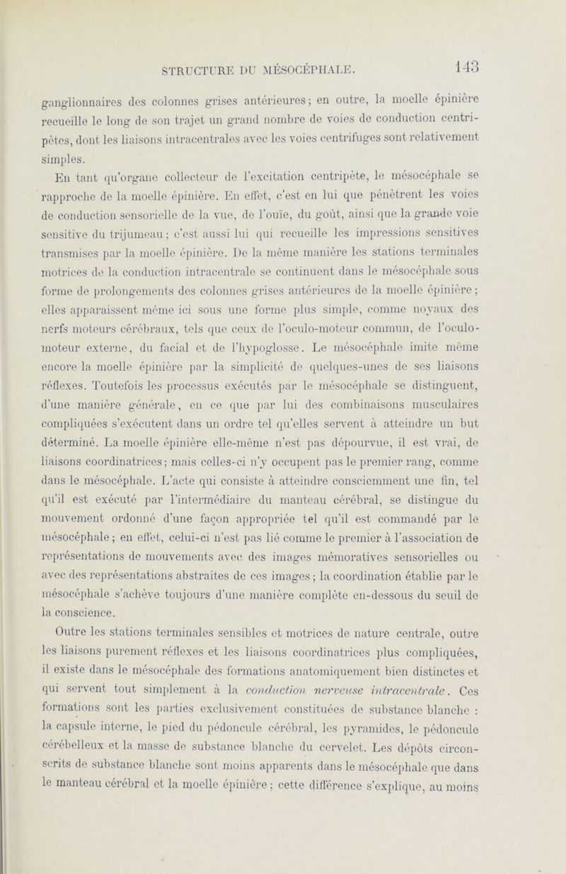 ganglionnaires des colonnes grises antérieures; en outre, la moelle epiniere recueille le long de son trajet un grand nombre de voies de conduction centri- pètes, dont les liaisons intracentrales avec les voies centrifuges sont relativement simples. En tant qu’organe collecteur de l’excitation centripète, le mésocéphale se rapproche de la moelle épinière. En effet, c’est en lui que pénètrent les voies de conduction sensorielle de la vue, de l’ouïe, du goût, ainsi que la grande voie sensitive du trijumeau ; c’est aussi lui qui recueille les impressions sensitives transmises par la moelle épinière. De la même manière les stations terminales motrices de la conduction intracentrale se continuent dans le mésocéphale sous forme de prolongements des colonnes grises antérieures de la moelle épinière ; elles apparaissent même ici sous une forme plus simple, comme noyaux des nerfs moteurs cérébraux, tels (pie ceux de l’oculo-moteur commun, de l’oculo- moteur externe, du facial et de l’hypoglosse. Le mésocéphale imite même encore la moelle épinière par la simplicité de quelques-unes de ses liaisons réflexes. Toutefois les processus exécutés par le mésocéphale se distinguent, d’une manière générale, en ce que par lui des combinaisons musculaires compliquées s’exécutent dans un ordre tel qu’elles servent à atteindre un but déterminé. La moelle épinière elle-même n’est pas dépourvue, il est vrai, de liaisons coordinatrices ; mais celles-ci n’y occupent pas le premier rang, comme dans le mésocéphale. L’acte qui consiste à atteindre consciemment une fin, tel qu’il est exécuté par l’intermédiaire du manteau cérébral, se distingue du mouvement ordonné d’une façon appropriée tel qu’il est commandé par le mésocéphale ; en effet, celui-ci n’est pas lié comme le premier à l’association de représentations de mouvements avec des images mémoratives sensorielles ou avec des représentations abstraites de ces images ; la coordination établie par le mésocéphale s’achève toujours d’une manière complète en-dessous du seuil de la conscience. Outre les stations terminales sensibles et motrices de nature centrale, outre les liaisons purement réflexes et les liaisons coordinatrices plus compliquées, il existe dans le mésocéphale des formations anatomiquement bien distinctes et qui servent tout simplement à la conduction nerveuse intracentrale. Ces formations sont les parties exclusivement constituées de substance blanche : la capsule interne, le pied du pédoncule cérébral, les pyramides, le pédoncule cérébelleux et la masse de substance blanche du cervelet. Les dépôts circon- scrits de substance blanche sont moins apparents dans le mésocéphale que dans le manteau cérébral et la moelle épinière ; cette différence s’explique, au moins