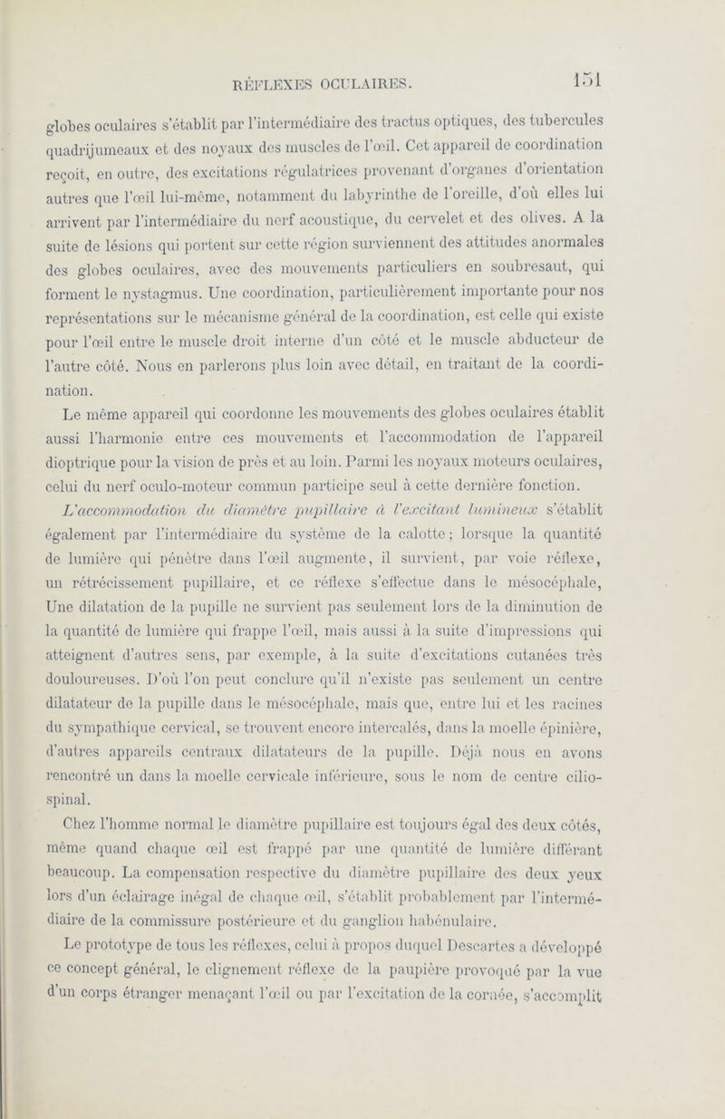 globes oculaires s’établit par l’intermédiaire des tractus optiques, des tubercules quadrijumeaux et des noyaux des muscles de 1 œil. Cet appareil de coordination reçoit en outre, des excitations régulatrices provenant d’organes d orientation autres que l’œil lui-même, notamment du labyrinthe de l’oreille, d’où elles lui arrivent par l’intermédiaire du nerf acoustique, du cervelet et des olives. A. la suite de lésions qui portent sur cette région surviennent des attitudes anormales des globes oculaires, avec des mouvements particuliers en soubresaut, qui forment le nystagmus. Une coordination, particulièrement importante pour nos représentations sur le mécanisme général de la coordination, est celle qui existe pour l’œil entre le muscle droit interne d’un côté et le muscle abducteur de l’autre côté. Nous en parlerons plus loin avec détail, en traitant de la coordi- nation. Le même appareil qui coordonne les mouvements des globes oculaires établit aussi l’harmonie entre ces mouvements et l’accommodation de l’appareil dioptrique pour la vision de près et au loin. Parmi les noyaux moteurs oculaires, celui du nerf oculo-moteur commun participe seul à cette dernière fonction. L'accommodation du diamètre pupillaire à Vexcitant lumineux s’établit également par l’intermédiaire du système de la calotte ; lorsque la quantité de lumière qui pénètre dans l’œil augmente, il survient, par voie réflexe, un rétrécissement pupillaire, et ce réflexe s’effectue dans le mésocéphale, Une dilatation de la pupille ne survient pas seulement lors de la diminution de la quantité de lumière qui frappe l’œil, mais aussi à la suite d’impressions qui atteignent d’autres sens, par exemple, à la suite d’excitations cutanées très douloureuses. D’où l’on peut conclure qu’il n’existe pas seulement un centre dilatateur de la pupille dans le mésocéphale, mais que, entre lui et les racines du sympathique cervical, se trouvent encore intercalés, dans la moelle épinière, d’autres appareils centraux dilatateurs de la pupille. Déjà nous en avons rencontré un dans la moelle cervicale inférieure, sous le nom de centre cilio- spinal. Chez l’homme normal le diamètre pupillaire est toujours égal des deux côtés, même quand chaque œil est frappé par une quantité de lumière différant beaucoup. La compensation respective du diamètre pupillaire des deux yeux lors d’un éclairage inégal de chaque œil, s’établit probablement par l’intermé- diaire de la commissure postérieure et du ganglion habénulaire. Le prototype de tous les réflexes, celui à propos duquel Descartes a développé ce concept général, le clignement réflexe de la paupière provoqué par la vue d’un corps étranger menaçant l’œil ou par l’excitation de la cornée, s’accomplit