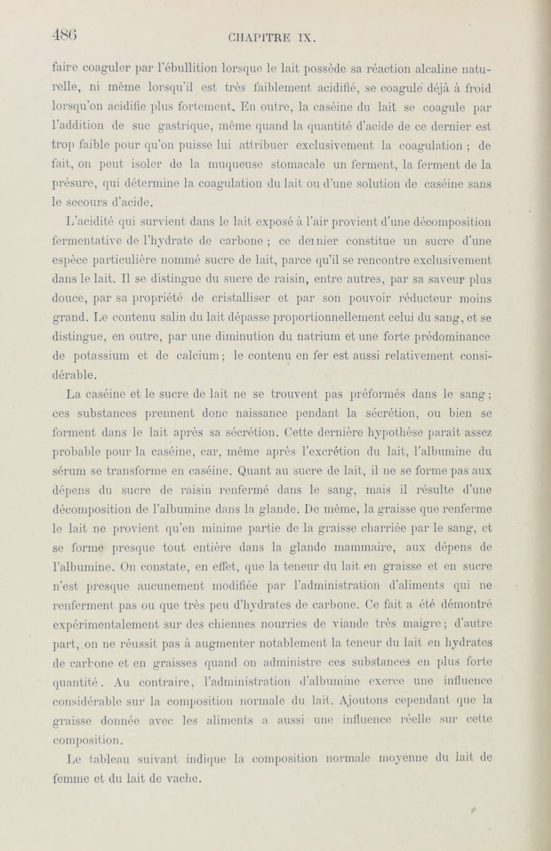 faire coaguler par l’ébullition lorsque le lait possède sa réaction alcaline natu- relle, ni même lorsqu’il est très faiblement acidifié, se coagule déjà à froid lorsqu’on acidifie plus fortement. En outre, la caséine du lait se coagule par l’addition de suc gastrique, même quand la quantité d’acide de ce dernier est trop faible pour qu’on puisse lui attribuer exclusivement la coagulation ; de fait, on peut isoler de la muqueuse stomacale un ferment, la ferment de la présure, qui détermine la coagulation du lait ou d’une solution do caséine sans le secours d’acide. L’acidité qui survient dans le lait exposé à l’air provient d’une décomposition fermentative de l’hydrate de carbone ; ce dernier constitue un sucre d’une espèce particulière nommé sucre de lait, parce qu’il se rencontre exclusivement dans le lait. Il se distingue du sucre de raisin, entre autres, par sa saveur plus douce, par sa propriété de cristalliser et par son pouvoir réducteur moins grand. Le contenu salin du lait dépasse proportionnellement celui du sang, et se distingue, en outre, par une diminution du natrium et une forte prédominance de potassium et de calcium ; le contenu en fer est aussi relativement consi- dérable. La caséine et le sucre de lait ne se trouvent pas préformés dans le sang ; ces substances prennent donc naissance pendant la sécrétion, ou bien se forment dans le lait après sa sécrétion. Cette dernière hypothèse paraît assez probable pour la caséine, car, même après l’excrétion du lait, l’albumine du sérum se transforme en caséine. Quant au sucre de lait, il ne se forme pas aux dépens du sucre de raisin renfermé dans le sang, mais il résulte d’une décomposition de l’albumine dans la glande. De même, la graisse que renferme le lait ne provient qu’en minime partie de la graisse charriée par le sang, et se forme presque tout entière dans la glande mammaire, aux dépens de l’albumine. On constate, en effet, que la teneur du lait en graisse et en sucre n’est presque aucunement modifiée par l’administration d’aliments qui ne renferment pas ou que très peu d’hydrates de carbone. Ce fait a été démontré expérimentalement sur des chiennes nourries de viande très maigre; d’autre part, on ne réussit pas à augmenter notablement la teneur du lait en hydrates de carbone et en graisses quand on administre ces substances en plus lorte quantité. Au contraire, l’administration d’albumine exerce une iniluenec considérable sur la composition normale du lait. Ajoutons cependant que la graisse donnée avec les aliments a aussi une influence réelle sur cette composition. Le tableau suivant indique la composition normale moyenne du lait de femme et du lait de vache.