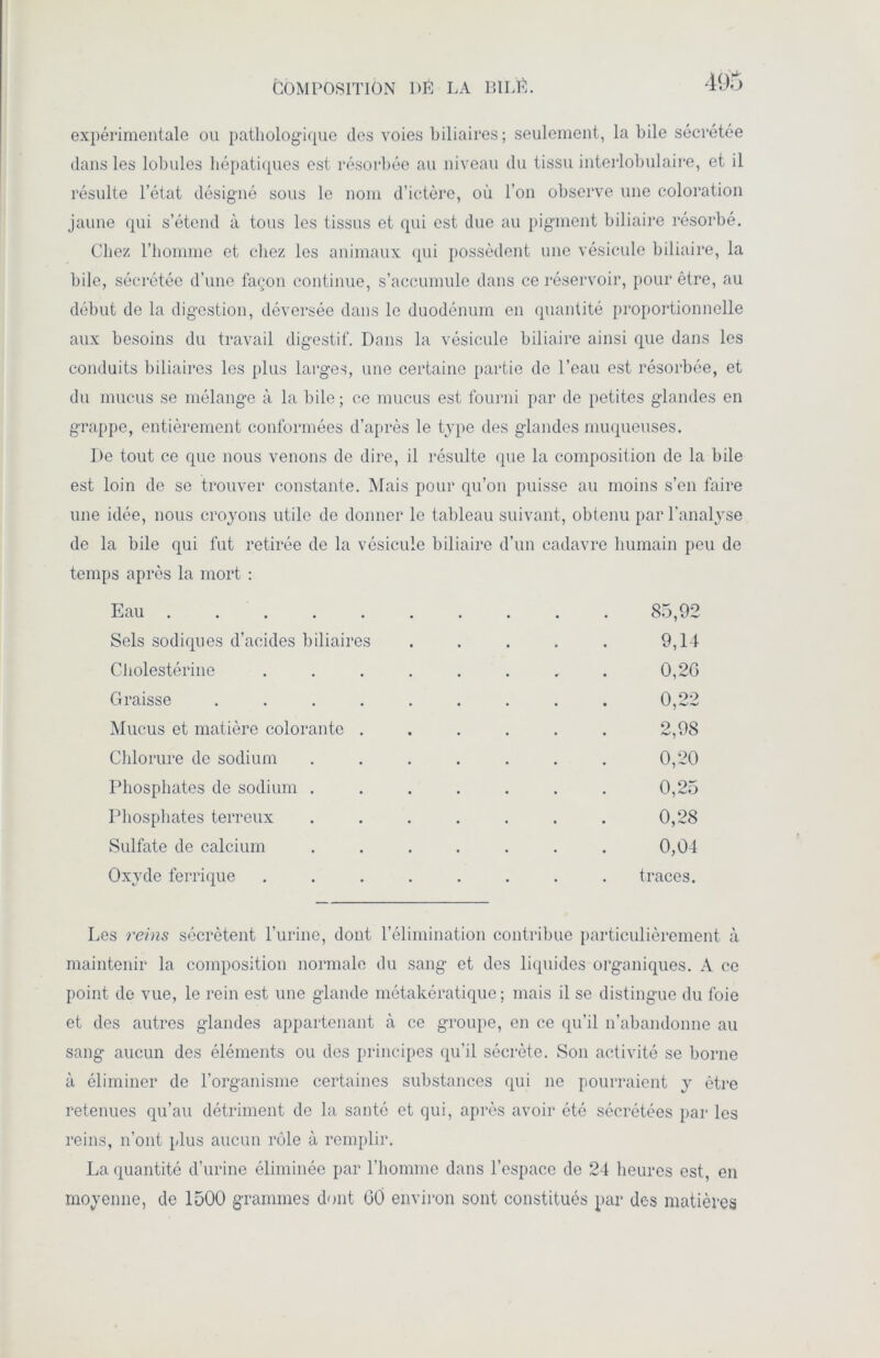 COMPOSITION DÉ LA PILÉ. expérimentale ou pathologique (les voies biliaires; seulement, la bile sécrétée dans les lobules hépatiques est résorbée au niveau du tissu interlobulaire, et il résulte l’état désigné sous le nom d’ictère, où l’on observe une coloration jaune qui s’étend à tous les tissus et qui est due au pigment biliaire résorbé. Chez l’homme et chez les animaux qui possèdent une vésicule biliaire, la bile, sécrétée d’une façon continue, s’accumule dans ce réservoir, pour être, au début de la digestion, déversée dans le duodénum en quantité proportionnelle aux besoins du travail digestif. Dans la vésicule biliaire ainsi que dans les conduits biliaires les plus larges, une certaine partie de l’eau est résorbée, et du mucus se mélange à la bile; ce mucus est fourni par de petites glandes en grappe, entièrement conformées d’après le type des glandes muqueuses. De tout ce que nous venons de dire, il résulte que la composition de la bile est loin de se trouver constante. Mais pour qu’on puisse au moins s’en faire une idée, nous croyons utile de donner le tableau suivant, obtenu par l’analyse de la bile qui fut retirée de la vésicule biliaire d’un cadavre humain peu de temps après la mort : Eau 85,92 Sels sodiques d’acides biliaires . . . . . 9,14 Cholestérine ........ 0,26 Graisse ......... 0,22 Mucus et matière colorante . . . . . . 2,98 Chlorure de sodium ....... 0,20 Phosphates de sodium ....... 0,25 Phosphates terreux ....... 0,28 Sulfate de calcium ....... 0,04 Oxyde ferrique ........ traces. Les reins sécrètent l’urine, dont l’élimination contribue particulièrement à maintenir la composition normale du sang et des liquides organiques. A ce point de vue, le rein est une glande métakératique ; mais il se distingue du foie et des autres glandes appartenant à ce groupe, en ce qu’il n’abandonne au sang aucun des éléments ou des principes qu’il sécrète. Son activité se borne à éliminer de l’organisme certaines substances qui ne pourraient y être retenues qu’au détriment de la santé et qui, après avoir été sécrétées par les reins, n’ont plus aucun rôle à remplir. La quantité d’urine éliminée par l’homme dans l’espace de 24 heures est, en moyenne, de 1500 grammes dont 00 environ sont constitués par des matières