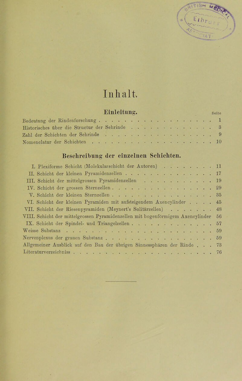 Inhalt. Einleitung’. Seite Bedeutimg der Rindenforschung 1 Historisches über die Structur der Sehrinde 3 Zahl der Schichten der Sehrinde 9 Nomenclatur der Schichten 10 Besclireibimg der einzelnen Schichten. I. Plexiforme Schicht (Molekulai schicht der Autoren) 11 II. Schicht der kleinen Pyramidenzellen 17 III. Schicht der mittelgrossen Pyramidenzellen 19 IY. Schicht der grossen Sternzellen 29 Y. Schicht der kleinen Sternzellen 35 VI. Schicht der kleinen Pyramiden mit anfsteigendem Axencylinder . . . . 45 VII. Schicht der Riesenpyramiden (Meynert’s Solitarzellen) 48 VIII. Schicht der mittelgrossen Pyramidenzellen mit bogenformigem Axencylinder 56 IX. Schicht der Spindel- und Triangelzellen 57 Weisse Substanz 59 Neryenplexus der granen Substanz 59 Allgemeiner Ausblick anf den Bau der übrigen Sinnesspháren der Rinde ... 73 Literaturverzeichniss 76