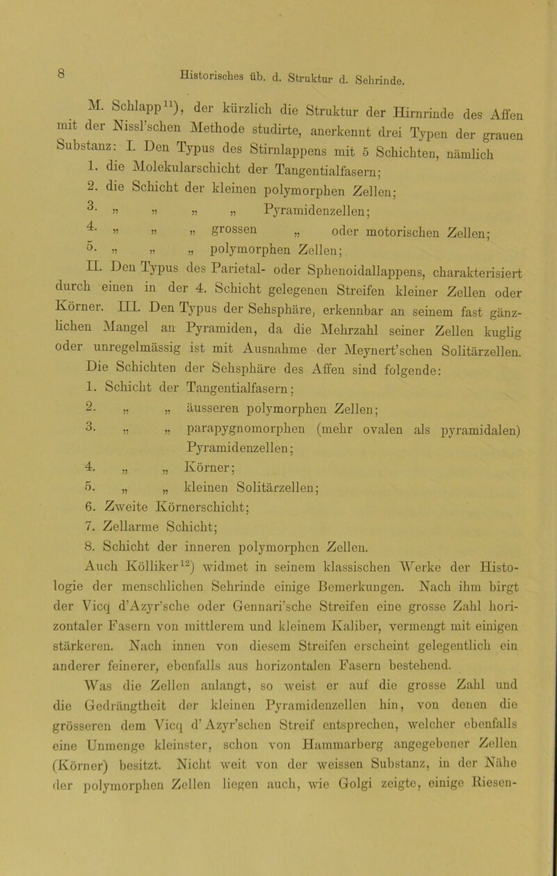 M. Scblapp11), der kürzlich die Struktur der Hirnrinde des Affen mit der Nissl’schen Methode studirte, anerkenut drei Typen der grauen Substanz: I. Den Typus des Stirnlappens mit 5 Sckickten, námlich 1. die Molekularscbicbt der Tangentialfasern; 2. die Schickt der kleinen polymorpben Zellen; *• » » n n Pyramidenzellen; ” ” » grossen „ oder motoriscben Zellen; n » „ polymorpben Zellen; IL. Den lypus des Parietal- oder Spbenoidallappens, cbarakterisiert durcb einen in der 4. Scbicbt gelegenen Streifen kleiner Zellen oder Kórnei. III. Den Typus der Sebspbáre, erkennbar an seinem fast gánz- licben Mangel an Pyramiden, da die Mebrzabl seiner Zellen kuglig oder unregelmassig ist mit Ausnahme der Meynert’scken Solitarzellen. Die Scbicbten der Sehsphare des Affen sind folgende: 1. Scbicbt der Tangentialfasern; ausseren polymorpben Zellen; parapygnomorpben (mebr ovalen ais pyramidalen) Pyramidenzellen; Korner; kleinen Solitarzellen; 6. Zweite Kornerscbicbt; 7. Zellarme Schicbt; 8. Scbicbt der inneren polymorpben Zellen. Aucb Kolliker12) widmet in seinem ldassiscben Werke der Histo- logie der menscblicben Sebrinde einige Bemerkungen. Nacb ibm birgt der Vicq d’Azyr’sche oder Gennari’scbe Streifen cine grosse Zabl bori- zontaler Fasern von mittlerein und kleinem Kaliber, vermengt mit einigen starkeren. Nacb innen von diesem Streifen ersebeint gelegentlicb cin anderer feincrer, ebenfalls aus borizontalen Fasern bestebend. AVas die Zellen anlangt, so weist er auf die grosse Zabl und die Gedrangtheit der kleinen Pyramidenzellen hin, von deuen die grosseren dem Yicq d’Azyr’schen Streif entsprechen, weleber ebenfalls eine Unmenge kleinster, sebón von Hammarberg angegebener Zellen (Korner) besitzt. Niclit weit von der weissen Substanz, in der Niibe der polymorpben Zellen liegen aucb, wic Golgi zeigte, einige Riesen-