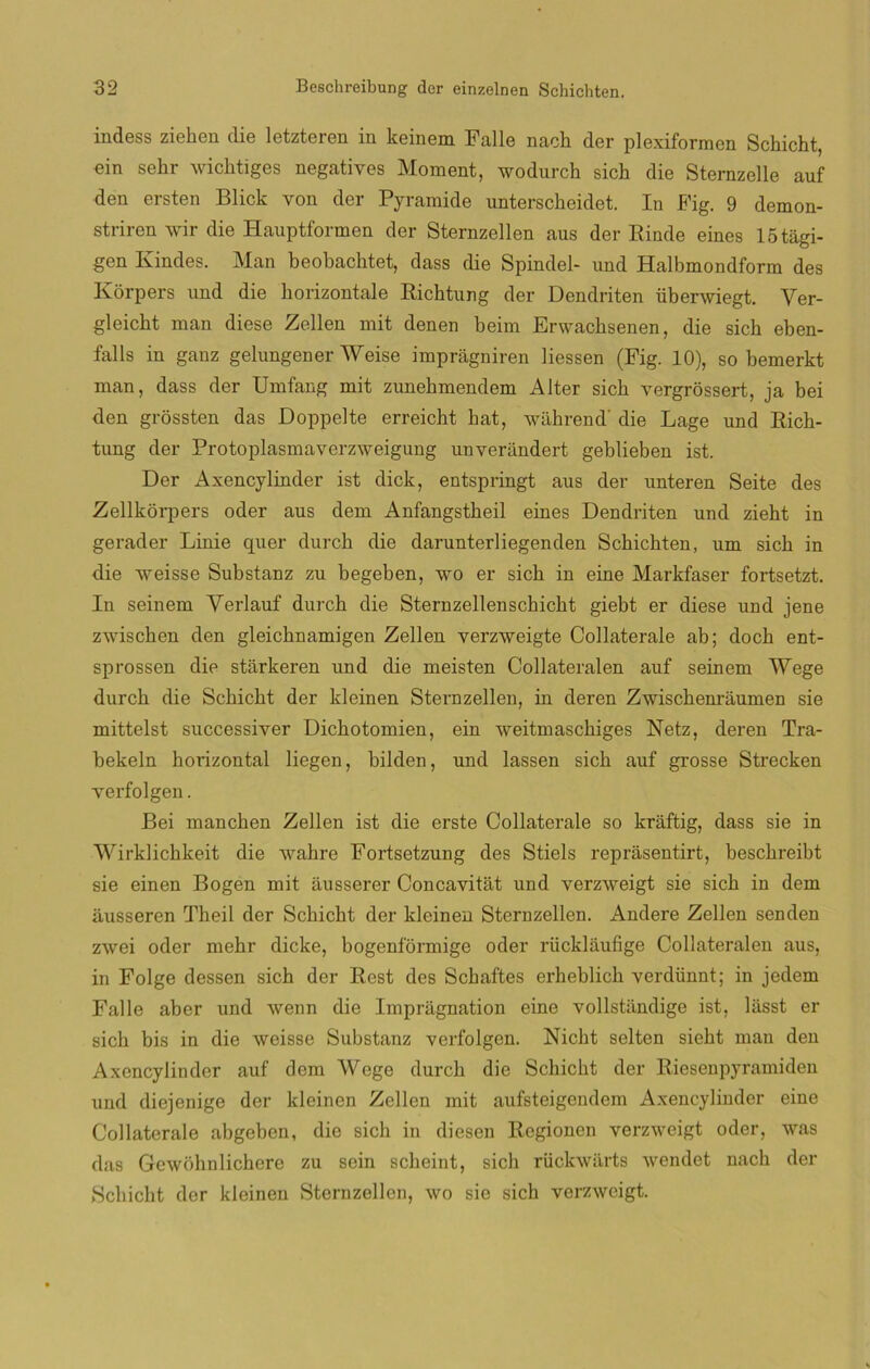 indess ziehen die letzteren in keinem Falle naoh der plexiformen Schicht, ein sehr wichtiges negativos Moment, wodurch sich die Sternzelle auf den ersten Blick yon der Pyramide unterscheidet. In Fig. 9 demon- striren wir die Hauptformen der Sternzellen aus der Rinde eines 15 tági- gen Kindes. Man beobachtet, dass die Spindel- und Halbmondform des Korpers und die horizontale Richtung der Dendriten überwiegt. Yer- gleicbt man diese Zellen mit denen beim Erwacbsenen, die sich eben- falls in ganz gelungener Weise impragniren liessen (Fig. 10), so bemerkt man, dass der Umfang mit zunehmendem Alter sich vergrossert, ja bei den grossten das Doppelte erreicht hat, wahrend' die Lage und Rick- tung der Protoplasmaverzweigung unverandert geblieben ist. Der Axencylinder ist dick, entspringt aus der unteren Seite des Zellkorpers oder aus dem Anfangstheil eines Dendriten und zieht in gerader Linie quer durcb die darunterliegenden Schichten, um sich in die weisse Substanz zu begeben, wo er sich in eine Markfaser fortsetzt. In seinem Verlauf durcb die Sternzellenschickt giebt er diese und jene zwischen den gleicbnamigen Zellen verzweigte Collaterale ab; doch ent- sprossen dio starkeren und die meisten Collateralen auf seinem Wege durcb die Scbicbt der kleinen Sternzellen, in deren Zwiscbenráumen sie mittelst successiver Dicbotomien, ein weitmascbiges Netz, deren Tra- bekeln horizontal liegen, bilden, und lassen sich auf grosse Strecken yerfolgen. Bei manchen Zellen ist die erste Collaterale so kraftig, dass sie in Wirklichkeit die wahre Fortsetzung des Stiels reprásentirt, bescbreibt sie einen Bogen mit áusserer Concavitat und yerzweigt sie sich in dem ausseren Tbeil der Scbicbt der kleinen Sternzellen. Andere Zellen senden zwei oder mebr dicke, bogenformige oder riicklaufige Collateralen aus, in Folge dessen sich der Rest des Scbaftes erheblich verdünnt; in jedem Falle aber und wenn die Impragnation eine vollstiindige ist, lasst er sich bis in die weisse Substanz yerfolgen. Nicht selten siebt man den Axencylinder auf dem Wege durcb die Scbicbt der Riesenpyramiden und diejenige der kleinen Zellen mit aufsteigendem Axencylinder eine Collaterale abgeben, die sich in diesen Regionen verzweigt oder, was das Gewohnlichere zu sein scheint, sich rückwürts wendet nach der Scbicbt der kleinen Sternzellen, wo sie sich verzweigt.