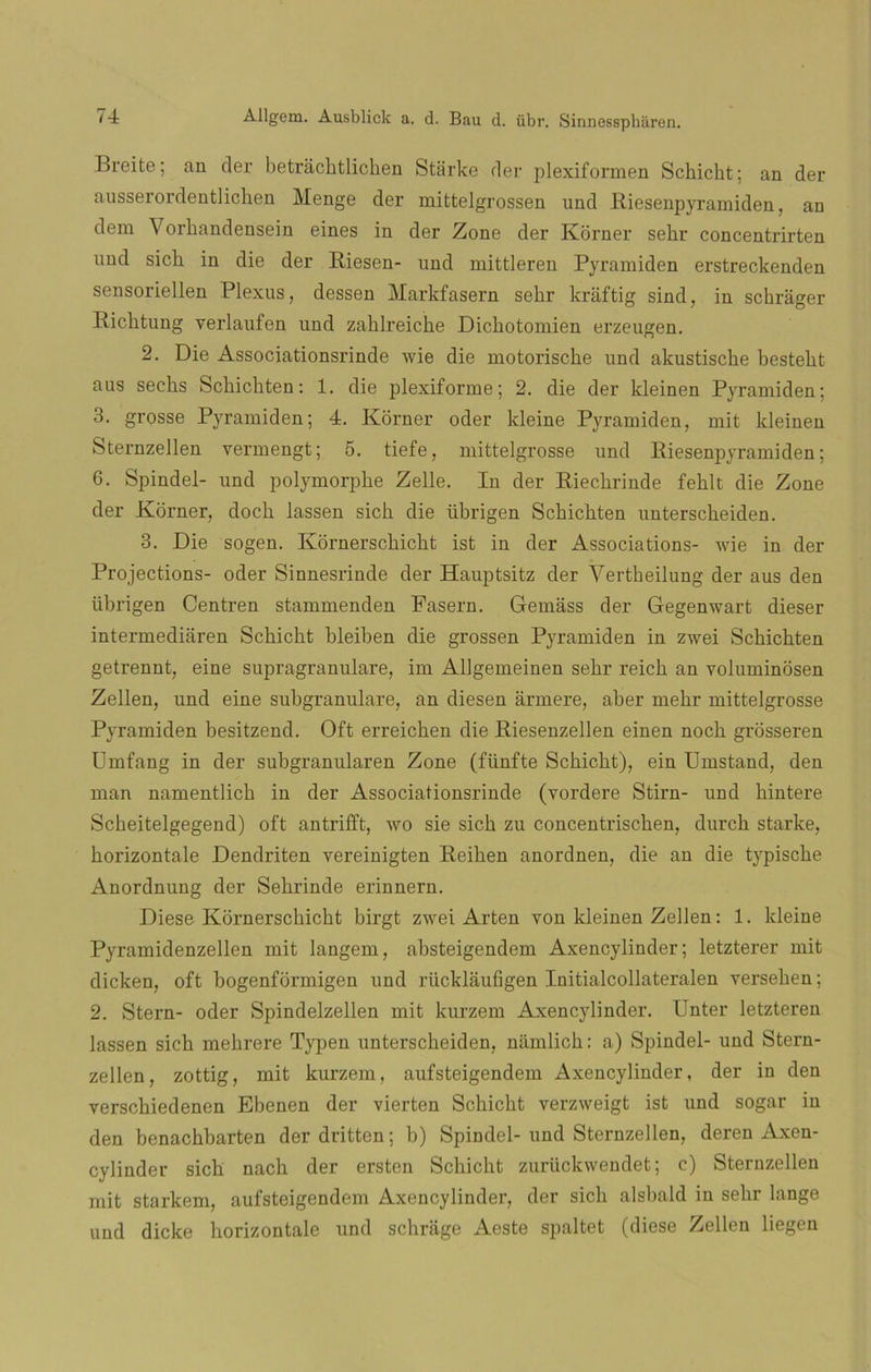 Breite; an oler betráchtlichen Stíirke der plexiformen Schicht; an der ausserordentlichen Menge der mittelgrossen und Riesenpyramiden, an dem Vorhandensein eines in der Zone der Korner sehr concentrirten und sicli in die der Riesen- und mittleren Pyramiden erstreckenden sensoriellen Plexus, dessen Markfasern sekr kraftig sind, in schrager Ricktung verlaufen und zahlreiche Dichotomien erzeugen. 2. Die Associationsrinde wie die motoriscke und akustiscke bestekt aus sechs Scbicbten: 1. die plexiforme; 2. die der kleinen Pyramiden; 3. grosse Pyramiden; 4. Korner oder kleine Pyramiden, mit kleinen Sternzellen vermengt; 5. tiefe, mittelgrosse und Riesenpyramiden; 6. Spindel- und polymorphe Zelle. In der Rieckrinde fehlt die Zone der Korner, doch lassen sicli die iibrigen Schichten unterscheiden. 3. Die sogen. Kornerschicht ist in der Associations- wie in der Projections- oder Sinnesrinde der Hauptsitz der Vertkeilung der aus den iibrigen Centren stammenden Fasern. Gemass der Gegenwart dieser intermediaren Schicht bleiben die grossen Pyramiden in zwei Schichten getrennt, eine supragranulare, im Allgemeinen sehr reich an voluminosen Zellen, und eine subgranulare, an diesen ármere, aber mehr mittelgrosse Pyramiden besitzend. Oft erreichen die Riesenzellen einen noch grosseren Umfang in der subgranularen Zone (fünfte Schicht), ein Umstand, den man namentlich in der Associationsrinde (vordere Stirn- und hintere Scheitelgegend) oft antrifft, wo sie sich zu concentrischen, durch starke, horizontale Dendriten vereinigten Reihen anordnen, die an die typische Anordnung der Sehrinde erinnern. Diese Kornerscbicht birgt zwei Arten von kleinen Zellen: 1. kleine Pyramidenzellen mit langem, absteigendem Axencylinder; letzterer mit dicken, oft bogenformigen und rücklaufigen Initialcollateralen versehen; 2. Stern- oder Spindelzellen mit kurzem Axencylinder. linter letzteren lassen sich mehrere Typen unterscheiden, namlich: a) Spindel- und Stern- zellen, zottig, mit kurzem, aufsteigendem Axencylinder, der in den verschiedenen Ebenen der vierten Schicht verzweigt ist und sogar in den benachbarten derdritten; b) Spindel-und Sternzellen, deren Axen- cyliuder sich nach der ersten Schicht zurtickwendet; c) Sternzellen mit starkem, aufsteigendem Axencylinder, der sich alsbald in sehr lange und dicke horizontale und schrage Aeste spaltet (diese Zellen liegen