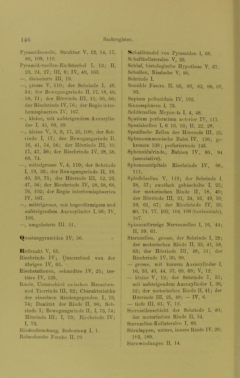 Pyramidenzolle, Struktur V, 12, 14, 17, 80, 109, no. Pyramidenzellcn-Endbüschel I, 12; II, 23, 24, 27; III, 6; IV, 49, 163. —, dislocierte 111, 19. ■—, grosse V, 110; der Sehrinde I, 48, 64; der Bowogungsrinde II, 17, 18, 49, 69, 71 ; der Horrinde III, 16, 50, 66; der Rieehrinde IV, 76; der Regio inter- hemispkaerica IV, 167. —, kleine, mit aufsteigendem Axenzylin- der I, 45, 68, 69. —, kleine Y, 3, 9, 17, 25, 109; der Seh- rinde I, 17; der Bewegungsrinde 11, 16, 41, 54, 56; der Horrinde III, 10, 17, 47, 56; der Rieehrinde IV, 28, 58, 68, 74. —, mittelgrosse V, 4. 110; der Sehrinde I, 19, 33; der Bewegungsrinde II, 16, 49, 59, 75; der Horrinde III, 12, 23, 47, 56; der Rieehrinde IV, 28, 58, 68, 76, 102; der Regio interhemisphaerica IV, 167. —, mittelgrosse, mit bogenformigem und aufsteigendem Axenzylindcr I, 56; IV, 106. —, umgekehrte III. 51. <^uastenpyramiden IV, 56. Keflexakt V, 61. Rieehrinde IV; ünterschied von der übrigen IV, 65. Riechstationen, sekundare IV, 25; ter- tiare IV, 125. Rinde, Ünterschied zwischeu Mensehen- und Tierrinde III, 62; Charakteristika der einzelnen tiindengegenden I, 73, 74; Dualitiit der Rinde II, 96; Seh- rinde I; Bewegungsrinde II; I, 73, 74; Horrinde III; I, 73; Rieehrinde IV; I, 73. Rindenforschung, Bedeutung I, 1. Rolandoscho Furche II, 19. Schaftbündel von Pyramidon I, 69. Sehaftkollateralon V, 33. Schlaf, hi8tologische Hypothese V, 67. Schollen, Nisslsche V, 90. Sehrinde I. Sensible Fasern II, 66, 80, 82, 86, 87, 93. Septum pellucidum IV, 192. Sinnesspharen I, 73. Solitarzellen Meyneits I, 4, 48. Spatium perforatium anterior IV, 117. Spezialzellen I, 6 13, 16; Ií, 22, 28. Spezifische Zellen der Horrinde III, 25. Sphenoammonische Bahn IV, 136; gc- kreuzte 138; perforierende 145. Sphenoidalrinde, Bahnen IV, 80, 94 (assoziative). Sphenooccipitale Rieehrinde IV, 96, 111. Spindelzellen V, 113; der Sehrinde I. 38, 57; zweifach gebiischelte I, 25; der motorischen Rinde II, 18, 40; der Horrinde IH, 21, 24, 31, 49, 50, 59, 61, 67; der Rieehrinde IV, 30, 60, 74, 77, 102, 104, 106 (horizontale), 107. Spinnenformige Nervenzellen I, 16, 44; II, 39, 61. Sternzellen, grosse, der Sehrinde I, 29; der motorischen Rinde II, 33, 41, 58, 63; der Horrinde III, 49, 51; der Rieehrinde IV, 30, 99. — grosse, mit kurzem Axenzylinder I, 16, 33, 40, 44, 57, 68, 69; V, 12. — kleine V, 12; der Sehrinde I, 35; mit aufsteigendem Axenzylinder I, 38, 52; der motorischen Rinde II, 41; der Horrinde III, 21, 49; — IV, 6. — tiefo III, 61, V, 12. Sternzellenschicht der Sehrinde I, 40; der motorischen Rinde II, 54. Sternzcllen-Kollateralen I, 68. Stirnlappen, untere, innere Rinde IV, 28; 183, 189. Stirnwindungen II, 14.