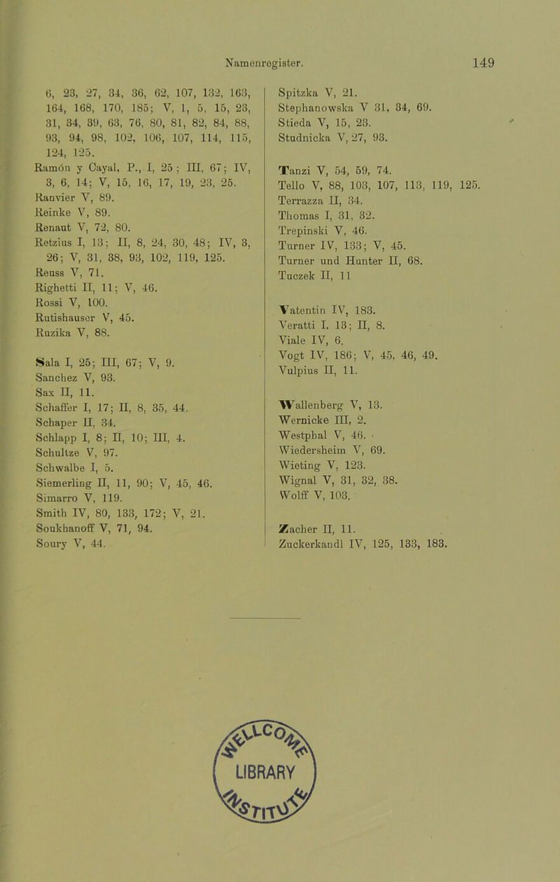 tí, 23, 27, 34, 36, 62, 107, 132, 163, 164, 168, 170, 185; V, 1, 5, 15, 23, 31, 34, 39, 63, 76, 80, 81, 82, 84, 88, 93, 94, 98, 102, 106, 107, 114, 115, 124, 125. Ramón y Oayal, P., 1, 25 ; III, 67; IV, 3, 6, 14; V, 15, 16, 17, 19, 23, 25. Ranvier V, 89. Reinke V, 89. Renaut V, 72, 80. Retzius I, 13; II, 8, 24, 30, 48; IV, 3, 26; V, 31, 38, 93, 102, 119, 125. Reuss V, 71. Righetti II, 11; V, 46. Rossi V, 100. Rutishausor V, 45. Ruzika V, 88. Sala I, 25; III, 67; V, 9. Sánchez V, 93. Sax II, 11. Schaffer I, 17; II, 8, 35, 44. Schaper II, 34. Schlapp I, 8; II, 10; III, 4. Schultze V, 97. Schwalbe I, 5. Siemerling II, 11, 90; V, 45, 46. Simarro V, 119. Smith IV, 80, 133, 172; V, 21. Soukbanoff V, 71, 94. Soury V, 44. Spitzka V, 21. Stephanowska V 31, 34, 69. Stieda V, 15, 23. Studnicka V, 27, 93. Tanzi V, 54, 59, 74. Tello V, 88, 103, 107, 113, 119, 125. Teri'azza II, 34. Thomas I, 31, 32. Trepinski V, 46. Turner IV, 133; V, 45. Turner und Hunter II, 68. Tuczek II, 11 Valentín IV, 183. Veratti I, 13; II, 8. Víale IV, 6. Vogt IV, 186; V, 45, 46, 49. Vulpius II, 11. Wallenberg V, 13. Wernicke III, 2. Westpbal V, 46. • Wiedersheim V, 69. Wieting V, 123. Wignal V, 31, 32, 38. Wolff V, 103. Zacher II, 11. Zuckerkandl IV, 125, 133, 183.