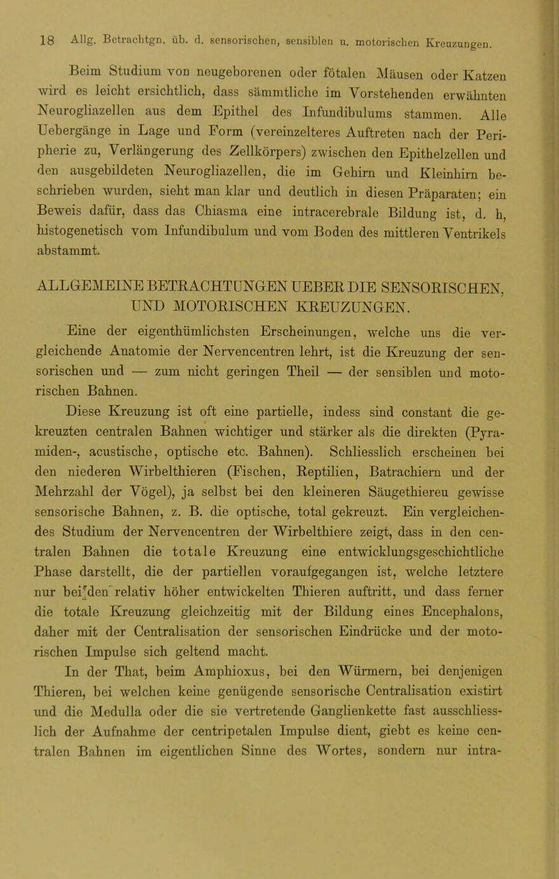 Beim Studium von neugeborenen oder fotalen Mausen oder Katzen wird es leiclit ersichtlich, dass sámmtliche im Vorstehenden erwahnten Neurogliazellen aus dem Epitkel des Infundibulums stammen. Alie Uebergánge in Lage und Form (vereinzelteres Auftreten nach der Peri- pherie zu, Veríangerung des Zcllkorpers) zwiscben den Epithelzellen und den ausgebildeten Neurogliazellen, die im Gekirn und Kleinhim be- scbrieben wurden, siebt man klar und deutlicb in diesen Práparaten; ein Beweis dafiir, dass das Ckiasma eine intracerebrale Bildung ist, d. k, bistogenetisch vom Infundibulum und vom Boden des mittleren Ventrikels abstammt. ALLGEMEINE BETRACHTUNGEN UEBER DIE SENSORISCHEN, UND MOTORISCHEN KREUZUNGEN. Eine der eigentbümlicbsten Erscheinungen, welche uns die ver- gleichende Anatomie der Nervencentren lehrt, ist die Kreuzung der sen- soriscben und — zum nicbt geringen Tkeil — der sensiblen und moto- rischen Bahnen. Diese Kreuzung ist oft eine partielle, indess sind constant die ge- kreuzten centralen Bahnen wichtiger und starker ais die direkten (Pyra- miden-, acustische, optische etc. Bahnen). Schliesslich erscheinen bei den niederen Wirbelthieren (Fischen, Reptilien, Batrachiern imd der Mehrzahl der Vogel), ja selbst bei den kleineren Saugethiereu gewisse sensorische Bahnen, z. B. die optische, total gekreuzt. Ein vergleichen- des Studium der Nervencentren der Wirbelthiere zeigt, dass in den cen- tralen Bahnen die totale Kreuzung eine entwicklungsgeschichtliche Phase darstellt, die der partiellen voraufgegangen ist, welche letztere nur beUden relativ hoher entwickelten Thieren auftritt, und dass femer die totale Kreuzung gleichzeitig mit der Bildung eines Encephalons, daher mit der Centralisation der sensorischen Eindrücke und der moto- rischen Impulse sich geltend macht. In der That, beim Amphioxus, bei den Wurmern, bei denjenigen Thieren, bei welchen keine genügende sensorische Centralisation existirt und die Medulla oder die sie vertretende Ganglienkette fast ausschliess- lich der Aufnahme der centripetalen Impulse dient, giebt es keine cen- tralen Bahnen im eigentlichen Sinne des Wortes, sondern nur intra-