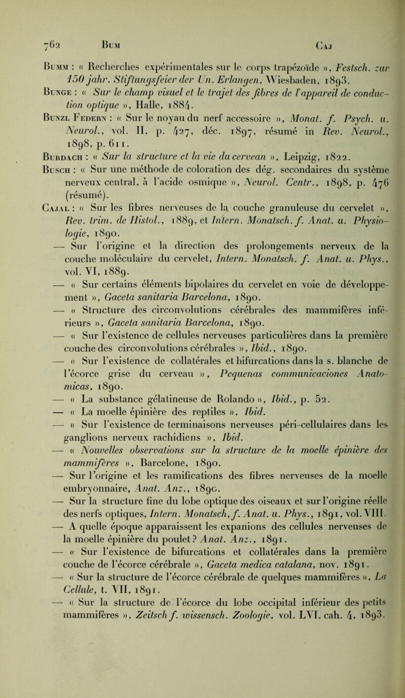 Bumm : « Recherches expérimentales sur le corps trapézoïde », Festsch. zur 150 jahr. Stiftungsfeier der Un. Erlangen, Wiesbaden, 1898. Bunge : « Sur le champ visuel et le trajet des fibres de l'appareil de conduc- tion optique », Halle, 1884. Bunzl Federn : « Sur le noyau du nerf accessoire », Monat. f. Psych. u. Neurol., vol. II, p. 427, déc. 1897, résumé in Rev. Neurol., 1898, p. 611. Burdach : « Sur la structure et la vie du cerveau », Leipzig, 1822. Busch : « Sur une méthode de coloration des dég. secondaires du système nerveux central, à l’acide osmique », Neurol. Centr., 1898, p. 476 (résumé). Gajal : a Sur les fibres nerveuses de la couche granuleuse du cervelet », Rev. trim. de Histol., 1889, et Intern. Monatsch. f. Anat. u. Physio- logie, 1890. — Sur l’origine et la direction des prolongements nerveux de la couche moléculaire du cervelet, Intern. Monatsch. f. Anat. u. Phys., vol. YI, 1889. — « Sur certains éléments bipolaires du cervelet en voie de développe- ment », Gaceta sanitaria Barcelona, 1890. — « Structure des circonvolutions cérébrales des mammifères infé- rieurs », Gaceta sanitaria Barcelona, 1890. — « Sur l’existence de cellules nerveuses particulières dans la première couche des circonvolutions cérébrales )),Ibid., 1890. — « Sur l’existence de collatérales et bifurcations dans la s. blanche de l’écorce grise du cerveau », Pequenas communicaciones Anato- micas, 1890. — « La substance gélatineuse de Rolando», Ibid., p. 52. — « La moelle épinière des reptiles », Ibid. — « Sur l’existence de terminaisons nerveuses péri-cellulaires dans les ganglions nerveux rachidiens », Ibid. — (( Nouvelles observations sur la structure de la moelle épinière des mammifères », Barcelone, 1890. — Sur Torigine et les ramifications des fibres nerveuses de la moelle embryonnaire, Anat. Anz., 1890. — Sur la structure fine du lobe optique des oiseaux et sur l’origine réelle des nerfs optiques, Intern. Monatsch, f. Anat. u. Phys., 1891, vol. VIII. — A quelle époque apparaissent les expanions des cellules nerveuses de la moelle épinière du poulet? Anat. Anz., 1891. — « Sur l’existence de bifurcations et collatérales dans la première couche de l’écorce cérébrale », Gaceta medica catalana, nov. 1891. — « Sur la structure de l’écorce cérébrale de quelques mammifères », La Cellule, t. VII, 1891. — (( Sur la structure de l’écorce du lobe occipital inférieur des petits mammifères », Zeitsch f. wissensch. Zoologie, vol. LVI, cah. h, 1893.
