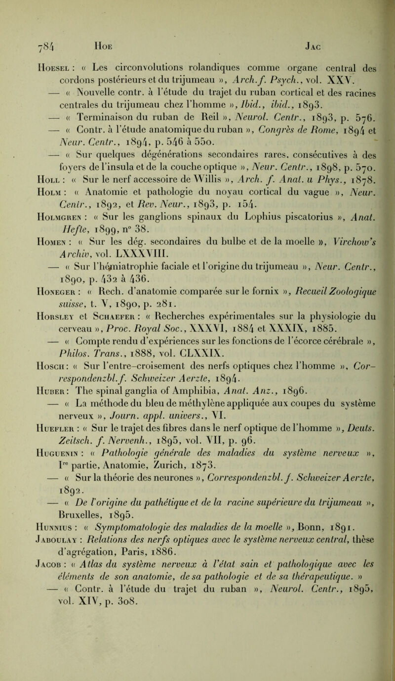 Hoesel : « Les circonvolutions rolandiques comme organe central des cordons postérieurs et du trijumeau », Arch.f. Psych., vol. XXY. — « Nouvelle contr. à l’étude du trajet du ruban cortical et des racines centrales du trijumeau chez l’homme », Ibid., ibid., 1893. — « Terminaison du ruban de Reil », Neurol. Centr., 1893, p. 576. — « Contr. à l’étude anatomique du ruban », Congrès de Rome, 1894 et Near. Centr., 1894, p. 546 à 55o. — « Sur quelques dégénérations secondaires rares, consécutives à des foyers de l’insula et de la couche optique », Neur. Centr., 1898, p. 570. Holl : « Sur le nerf accessoire de Willis », Arch. f. Anal, u Phys., 1878. Holm : « Anatomie et pathologie du noyau cortical du vague », Neur. Centr., 1892, et Rev. Neur., 1893, p. i54. Holmgren : « Sur les ganglions spinaux du Lophius piscatorius », Anat. Hefte, 1899, n° 38. Homen : « Sur les dég. secondaires du bulbe et de la moelle », Virchow9s Archiv, vol. LXXXVIII. — « Sur l’hqmiatrophie faciale et l’origine du trijumeau », Neur. Centr., 1890, p.432 à 436. Honeger : a Rech. d’anatomie comparée sur le fornix », Recueil Zoologique suisse, t. Y, 1890, p. 281. Horsrey et Schaefer : « Recherches expérimentales sur la physiologie du cerveau », Proc. Royal Soc., XXXYl, i884 et XXXIX, i885. — « Compte rendu d’expériences sur les fonctions de l’écorce cérébrale », Philos. Trans., 1888, vol. CLXXIX. IIosch: « Sur l’entre-croisement des nerfs optiques chez l’homme », Cor- respondenzbl.f. Schweizer Aerzte, 1894. Huber: The spinal ganglia of Amphibia, Anat. Anz., 1896. — « La méthode du bleu de méthylène appliquée aux coupes du système nerveux », Journ. appl. univers., YI. Huefler : « Sur le trajet des fibres dans le nerf optique de l’homme », Deuts. Zeitsch. f. Nervenh., 1896, vol. VII, p. 96. Huguenin : « Pathologie générale des maladies du système nerveux », lre partie, Anatomie, Zurich, 1873. — « Sur la théorie des neurones », Correspondenzbl. f. Schweizer Aerzte, 1892. — « De l'origine du pathétique et de la racine supérieure du trijumeau », Rruxelles, 1895. Hunnius : « Symptomatologie des maladies de la moelle », Bonn, 1891. Jaboulay : Relations des nerfs optiques avec le système nerveux central, thèse d’agrégation, Paris, 1886. Jacob: « Atlas du système nerveux à l’état sain et pathologique avec les éléments de son anatomie, de sa pathologie et de sa thérapeutique. » — « Contr. à l’étude du trajet du ruban », Neurol. Centr., 1896, vol. XIY, p. 3o8.