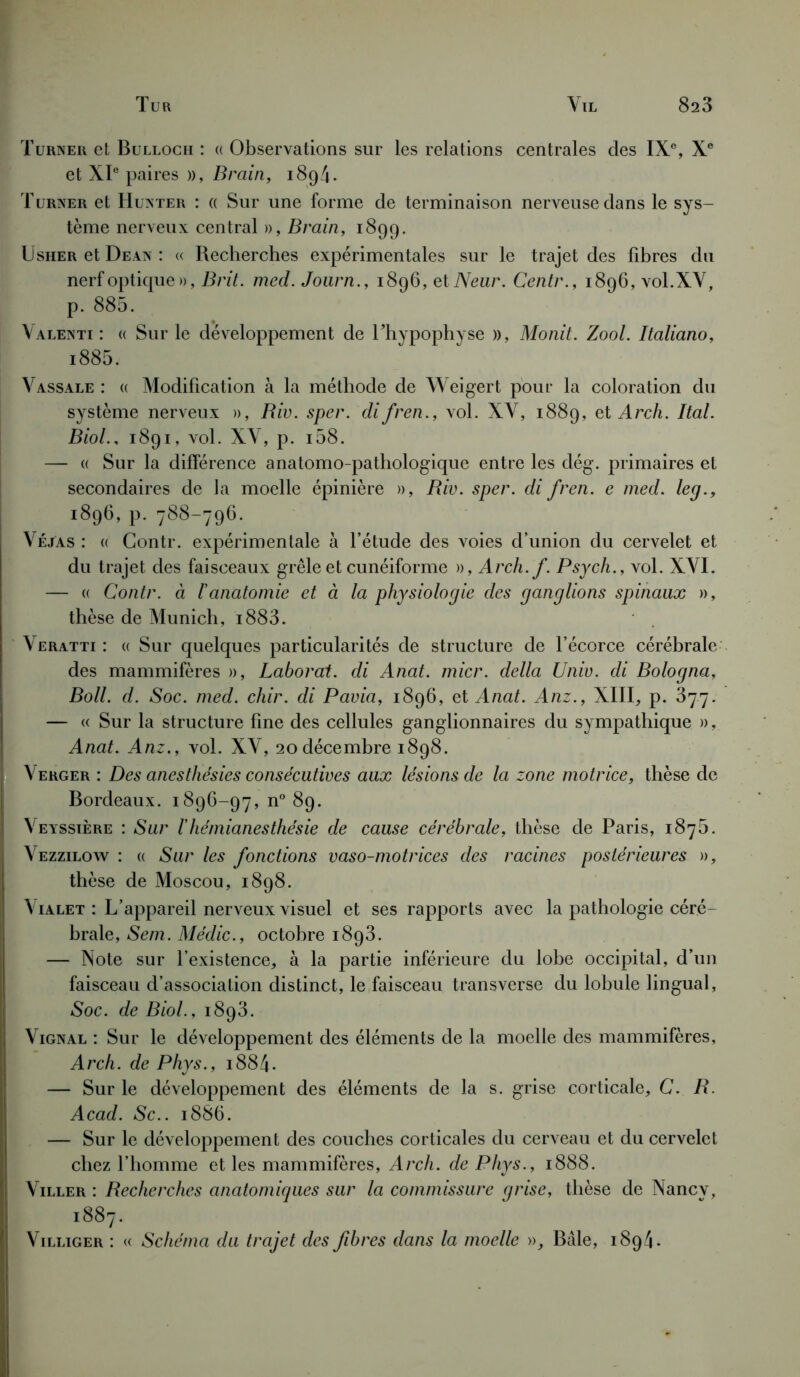 Turner et Bulloch : « Observations sur les relations centrales des IXe, Xe et XIe paires », Brain, 1894. Turner et Hunter : « Sur une forme de terminaison nerveuse dans le sys- tème nerveux central », Brain, 1899. U suer et Dean : « Recherches expérimentales sur le trajet des fibres du nerf optique », B rit. med. Journ., 1896, et Neur. Centr., 1896, vol.XY, p. 885. Yalenti : « Sur le développement de l’hypophyse », Monit. Zool. Italiano, i885. Yassale : « Modification à la méthode de Weigert pour la coloration du système nerveux », Biv. sper. di fren., vol. XY, 1889, et Arch. Ital. Biol., 1891, vol. XY, p. i58. — « Sur la différence anatomo-pathologique entre les dég. primaires et secondaires de la moelle épinière », Riv. sper. di fren. e med. leg., 1896, p. 788-796. Véjas : « Contr. expérimentale à l’étude des voies d’union du cervelet et du trajet des faisceaux grêle et cunéiforme », Arch. f. Psych., vol. XYI. — « Contr. à l'anatomie et à la physiologie des ganglions spinaux », thèse de Munich, i883. Yeratti : « Sur quelques particularités de structure de l’écorce cérébrale des mammifères », Laborat. di Anat. micr. délia Unie, di Bologna, Boll. d. Soc. med. chir. di Paria, 1896, et Anat. Anz., XIII, p. 377. — « Sur la structure fine des cellules ganglionnaires du sympathique », Anat. Anz., vol. XY, 20 décembre 1898. Verger : Des anesthésies consécutives aux lésions de la zone motrice, thèse de Bordeaux. 1896-97, n° 89. \eyssière : Sur l'hémianesthésie de cause cérébrale, thèse de Paris, 1875. Vezzilow : « Sur les fonctions vaso-motrices des racines postérieures », thèse de Moscou, 1898. Vialet : L’appareil nerveux visuel et ses rapports avec la pathologie céré- brale, Sein. Médic., octobre 1893. — Note sur l’existence, à la partie inférieure du lobe occipital, d’un faisceau d’association distinct, le faisceau transverse du lobule lingual. Soc. de Biol., 1893. Vignal : Sur le développement des éléments de la moelle des mammifères, Arch. de Phys., 1884. — Sur le développement des éléments de la s. grise corticale, C. R. Acad. Sc.. 1886. — Sur le développement des couches corticales du cerveau et du cervelet chez l’homme et les mammifères, Arch. de Phys., 1888. Viller : Recherches anatomiques sur la commissure grise, thèse de Nancy, 1887. Villiger : « Schéma du trajet des fibres dans la moelle », Bâle, 1894.
