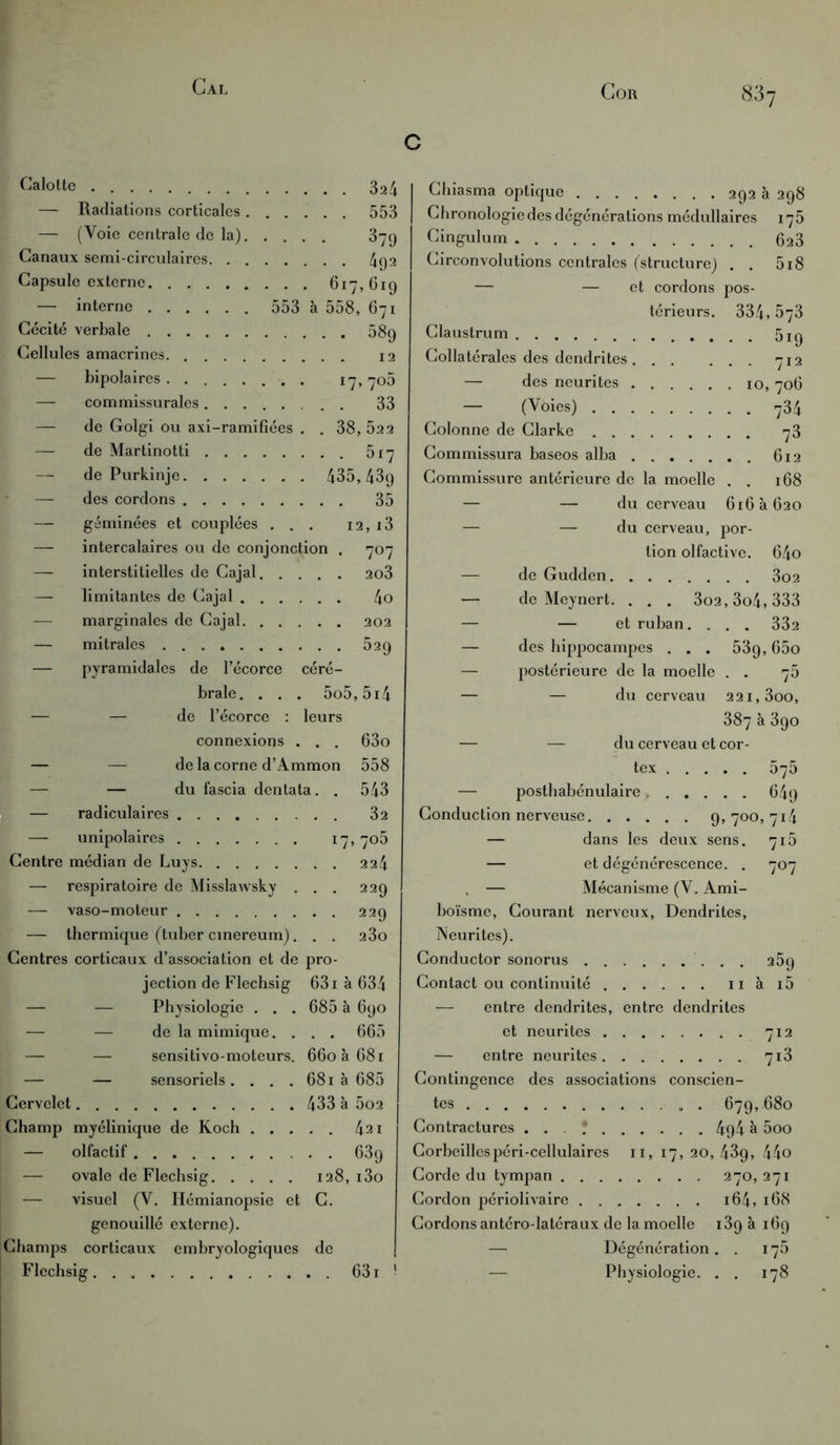 Cal Calotte 324 — Radiations corticales 553 — (Voie centrale de la) 3-79 Canaux semi-circulaires 492 Capsule externe 617,619 — interne 553 à 558, 671 Cécité verbale 589 Cellules amacrines 12 — bipolaires 17,705 — commissurales 33 — de Golgi ou axi-ramifiées . . 38, 52 2 — de Martinotti 517 — de Purkinje 435,439 — des cordons 35 — géminées et couplées . . . 12, 13 — intercalaires ou de conjonction . 707 — interstitielles de Cajal 2o3 — limitantes de Cajal 4o — marginales de Cajal 202 — mitrales 529 — pyramidales de l’écoree céré- brale. . . . 5o5,5i4 — — de l’écorce : leurs connexions . . . 63o de la corne d’Ammon 558 du fascia dentata. . 543 — radiculaires 32 — unipolaires 17, 705 Centre médian de Luys 224 — respiratoire de Misslawsky ... 229 — vaso-moteur 229 — thermique (tuber cinereum). . . 23o Centres corticaux d’association et de pro- jection de Flechsig 631 à 634 — — Physiologie . . . 685 à 690 — — de la mimique. . . . 665 — — sensitivo-moteurs. 660 à 681 — — sensoriels. . . . 681 à 685 Cervelet 433 à 5o2 Champ myélinique de Koch 421 — olfactif 63g — ovale de Flechsig 128, i3o — visuel (V. Hémianopsie et C. genouillé externe). Champs corticaux embryologiques de Flechsig 631 ! C Chiasma optique 292 à 298 Chronologie des dégénérations médullaires 175 Cingulum 623 Circonvolutions centrales (structure) . . 518 — — et cordons pos- térieurs. 334,073 Claustrum 5jq Collatérales des dendrites 712 — des neurites 10, 706 — (Voies) 734 Colonne de Clarke 73 Commissura baseos alba 612 Commissure antérieure de la moelle . . 168 — — du cerveau 616 à 620 — — du cerveau, por- tion olfactive. 64o — de Gudden 3o2 de Meynert. . . . 3o2 ,3o4,333 — et ruban. . . . 332 des hippocampes . . . 539,65o postérieure de la moelle . . 75 — du cerveau 221, 3oo, 387 à 390 du cerveau et cor- tex 575 — posthabénulaire 649 Conduction nerveuse 9,700,714 dans les deux sens. 7ï5 7°7 , — Mécanisme (V. Ami- boïsme. Courant nerveux, Dendrites, Neurites). Conductor sonorus 259 Contact ou continuité 11 à i5 — entre dendrites, entre dendrites et neurites . 712 — entre neurites 7i3 Contingence des associations conscien- tes . . 679,680 Contractures ... T 494 à 5oo Corbeillespéri-cellulaires 11, 17, 20, 43g, 44o Corde du tympan 270, 271 Cordon périolivaire 164, 168 Cordons antéro latéraux de la moelle 139 à 169 — Dégénération. . i75 -— Physiologie. . . 178