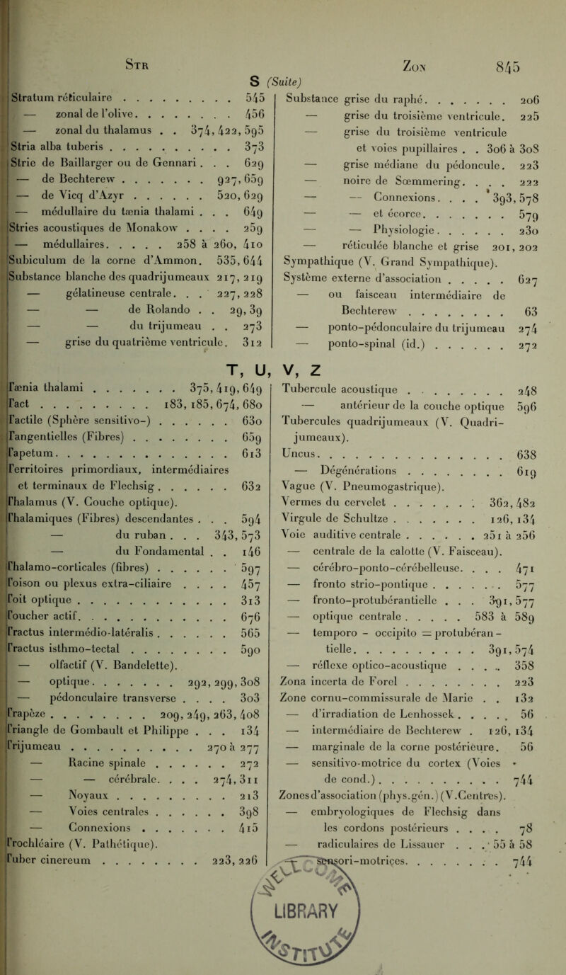S (Suite) j Stratum réticulaire 545 » — zonal de l’olive 456 w — zonal du thalamus . . 874,422,595 ■Stria alba tuberis 373 (Strie de Baillarger ou de Gennari ... 629 — de Bechterew 927, 659 — de Yicq d’Azyr 520, 629 — médullaire du tænia thalami . . . 649 (Stries acoustiques de Monakow .... 259 j — médullaires 258 à 260, 410 tSubiculum de la corne d’Ammon. 535,644 Substance blanche des quadrijumeaux 217, 219 — gélatineuse centrale. . . 227,228 — — de Rolando . . 29,39 | — — du trijumeau . . 273 — grise du quatrième ventricule. 3i2 Substance grise du raphé. 206 — grise du troisième ventricule. 225 grise du troisième ventricule et voies pupillaires . . 3o6 à 3o8 grise médiane du pédoncule. 223 noire de Sœmmering. . . . 222 — Connexions. . . . 393,578 — et écorce 579 — Physiologie 23o — réticulée blanche et grise 201,202 Sympathique (V. Grand Sympathique). Système externe d’association 627 — ou faisceau intermédiaire de Bechterew ........ 63 — ponto-pédonculaire du trijumeau 274 — ponto-spinal (id.) 272 t, u, Tamia thalami 375,419,649 Tact i83,i85,674,68o Tactile (Sphère sensitivo-) 63o jTangentielles (Fibres) 65p Tapétum 6i3 Territoires primordiaux, intermédiaires ( et terminaux de Flechsig 632 Thalamus (Y. Couche optique), jrhalamiques (Fibres) descendantes . . . 5q4 — du ruban . . . 343,573 — du Fondamental . . 146 rhalamo-corticales (fibres) 597 [oison ou plexus extra-ciliaire .... 457 (Toit optique 3i3 lïoucher actif 676 Tractus intermédio-latéralis 565 jrractus isthmo-tectal 590 — olfactif (V. Bandelette). — optique 292,299,308 — pédonculaire transverse .... 3o3 trapèze 209, 249, 263, 4o8 triangle de Gombault et Philippe ... 134 Trijumeau 270.2277 — Racine spinale 272 — — cérébrale. . . . 274,811 — Noyaux 2i3 — Voies centrales 398 — Connexions 415 [Trochléaire (V. Pathétique). Tubcr cinereum 223, 226 f^r y y 77 V, Z Tubercule acoustique . 248 — antérieur de la couche optique 596 Tubercules quadrijumeaux (V. Quadri- jumeaux). Uncus 638 — Dégénérations 619 Vague (V. Pneumogastrique). Yermes du cervelet 362,482 Virgule de Schultze 126, 134 Voie auditive centrale ...... 251 à 256 — centrale de la calotte (V. Faisceau). — cérébro-ponto-cérébelleuse. . . . — fronto strio-pontique . — fronto-protubérantielle ... 3qi — optique centrale 583 à — temporo - occipito =protubéran- tielle 391 — réflexe optico-acoustique . .... Zona incerta de Forel 223 Zone cornu-commissurale de Marie . . 182 — d’irradiation de Lenhossek ..... 56 — intermédiaire de Bechterew . 126, i34 — marginale de la corne postérieure. — sensitivo-motrice du cortex (Voies de cond.) . Zones d’association (phys.gén.) (V.Centres). — embryologiques de Flechsig dans les cordons postérieurs .... — radiculaires de Lissauer . . . ■ 55 a 58 i-motrices 471 5; 5' 58g 574 358 56 744 78 744