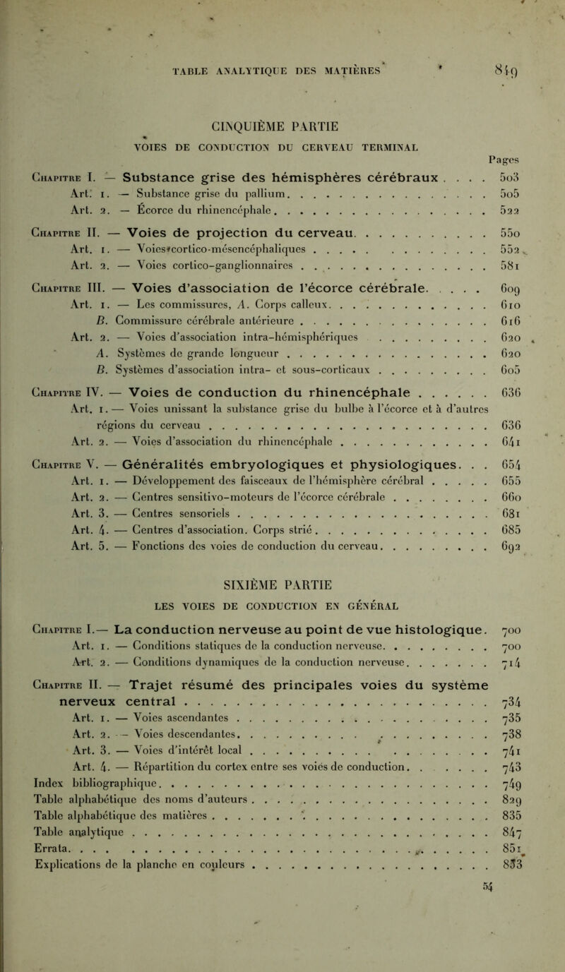 CINQUIÈME PARTIE VOIES DE CONDUCTION DU CERVEAU TERMINAL Pages Chapitre I. — Substance grise des hémisphères cérébraux .... 5o3 Art. i. — Substance grise du pallium 5o5 Art. 2. — Écorce du rhinencéphale 522 Chapitre II. — Voies de projection du cerveau 55o Art. i. — Voicsfcortico-mésencéphaliques 552., Art. 2. — Voies cortico-ganglionnaircs . . 58i Chapitre III. — Voies d’association de l’écorce cérébrale. ... 609 Art. 1. — Les commissures, A. Corps calleux. 610 B. Commissure cérébrale antérieure 616 Art. 2. — Voies d’association intra-hémisphériques 620 « A. Systèmes de grande longueur 620 B. Systèmes d’association intra- et sous-corticaux 6o5 Chapitre IV. — Voies de conduction du rhinencéphale 636 Art. 1.— Voies unissant la substance grise du bulbe à l’écorce et à d’autres régions du cerveau 636 Art. 2. — Voies d’association du rhinencéphale 641 Chapitre V. — Généralités embryologiques et physiologiques. . . 654 Art. 1. — Développement des faisceaux de l’hémisphère cérébral 655 Art. 2. — Centres sensitivo-moteurs de l’écorce cérébrale 660 Art. 3. — Centres sensoriels 631 Art. 4. — Centres d’association. Corps strié 685 Art. 5. — Fonctions des voies de conduction du cerveau 692 SIXIÈME PARTIE LES VOIES DE CONDUCTION EN GENERAL Chapitre I.— La conduction nerveuse au point de vue histologique. 700 Art. 1. — Conditions statiques de la conduction nerveuse 700 Art. 2. — Conditions dynamiques de la conduction nerveuse 714 Chapitre II. — Trajet résumé des principales voies du système nerveux central 734 Art. 1. — Voies ascendantes 735 Art. 2. — Voies descendantes 738 Art. 3. — Voies d'intérêt local .... 741 Art. 4- — Répartition du cortex entre ses voiës de conduction. ..... 743 Index bibliographique 749 Table alphabétique des noms d’auteurs 829 Table alphabétique des matières ‘. 835 Table analytique 847 Errata 85i Explications de la planche en couleurs 833 54