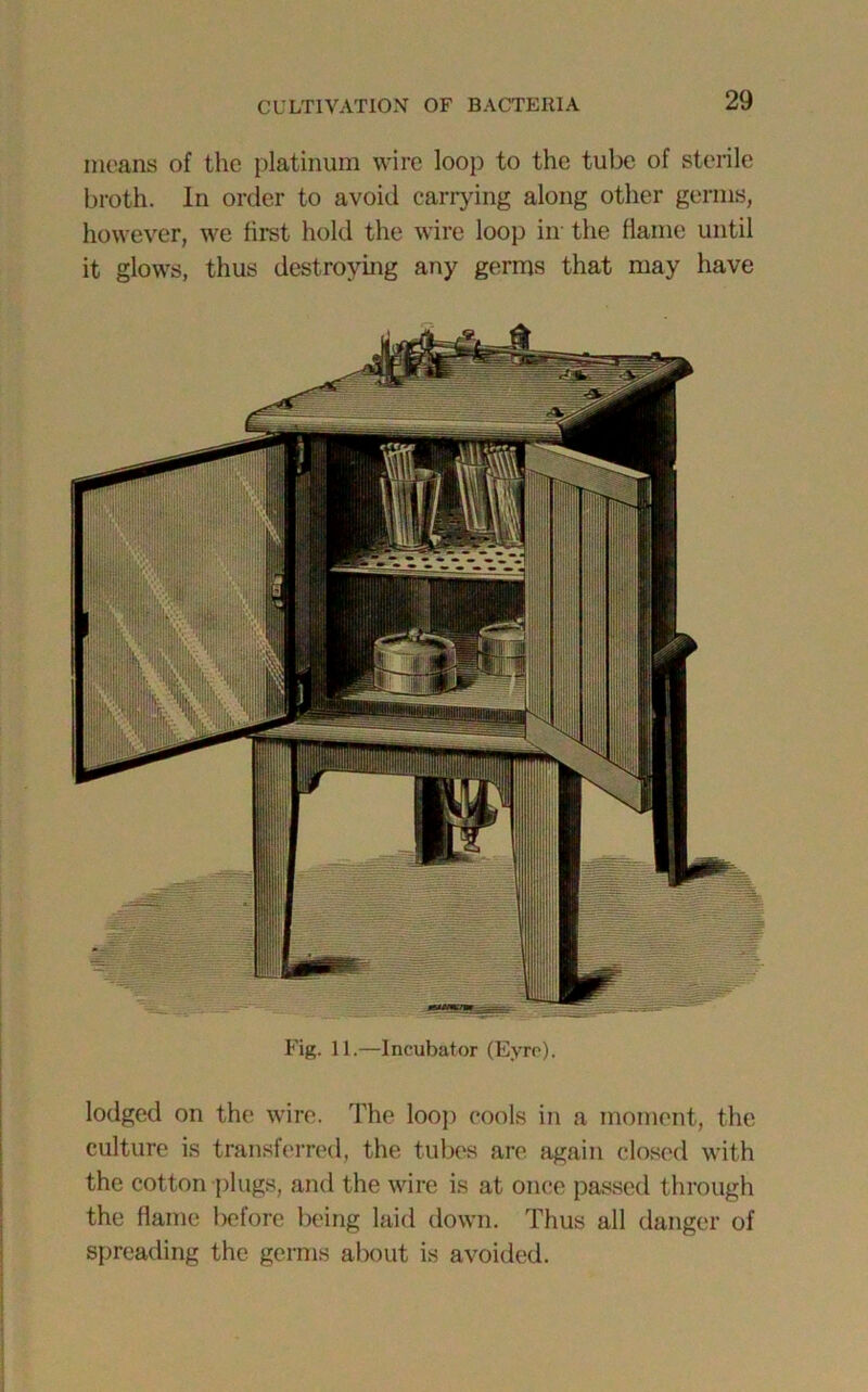 means of the platinum wire loop to the tube of sterile broth. In order to avoid carrying along other germs, however, we first hold the wire loop in the flame until it glows, thus destroying any germs that may have Fig. 11.—Incubator (Eyre). lodged on the wire. The loop cools in a moment, the culture is transferred, the tubes are again closed with the cotton plugs, and the wire is at once passed through the flame before being laid down. Thus all danger of spreading the germs about is avoided.