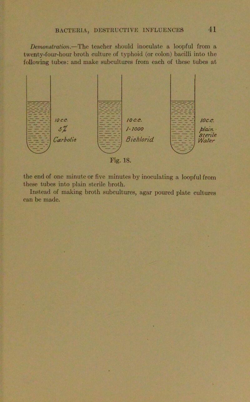 Demonstration.—The teacher should inoculate a loopful from a twenty-four-hour broth culture of typhoid (or colon) bacilli into the following tubes: and make subcultures from each of these tubes at to cc. Car b olio y:--;- /oc.e. l-woo BichloricL Fig. 18. 10CC. plain. Sterile Water the end of one minute or five minutes by inoculating a loopful from these tubes into plain sterile broth. Instead of making broth subcultures, agar poured plate cultures can be made.