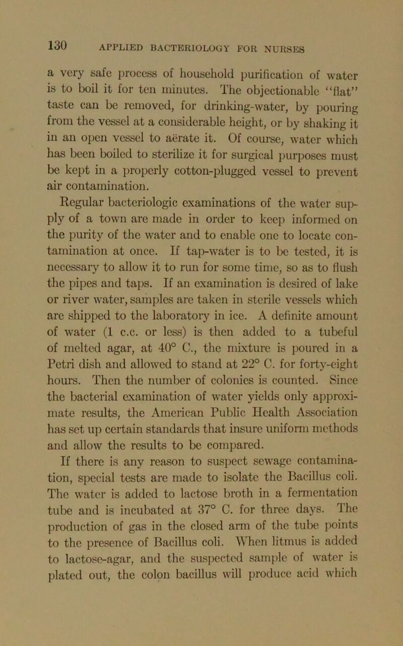 a very safe process of household purification of water is to boil it for ten minutes. The objectionable “flat” taste can be removed, for drinking-water, by pouring from the vessel at a considerable height, or by shaking it in an open vessel to aerate it. Of course, water which has been boiled to sterilize it for surgical purposes must be kept in a properly cotton-plugged vessel to prevent air contamination. Regular bacteriologic examinations of the water sup- ply of a town are made in order to keep informed on the purity of the water and to enable one to locate con- tamination at once. If tap-water is to be tested, it is necessary to allow it to run for some time, so as to flush the pipes and taps. If an examination is desired of lake or river water, samples are taken in sterile vessels which are shipped to the laboratory in ice. A definite amount of water (1 c.c. or less) is then added to a tubeful of melted agar, at 40° C., the mixture is poured in a Petri dish and allowed to stand at 22° C. for forty-eight hours. Then the number of colonies is counted. Since the bacterial examination of water yields only approxi- mate results, the American Public Health Association has set up certain standards that insure uniform methods and allow the results to be compared. If there is any reason to suspect sewage contamina- tion, special tests are made to isolate the Bacillus coli. The water is added to lactose broth in a fermentation tube and is incubated at 37° C. for three days. The production of gas in the closed arm of the tube points to the presence of Bacillus coli. When litmus is added to lactose-agar, and the suspected sample of water is plated out, the colon bacillus will produce acid which