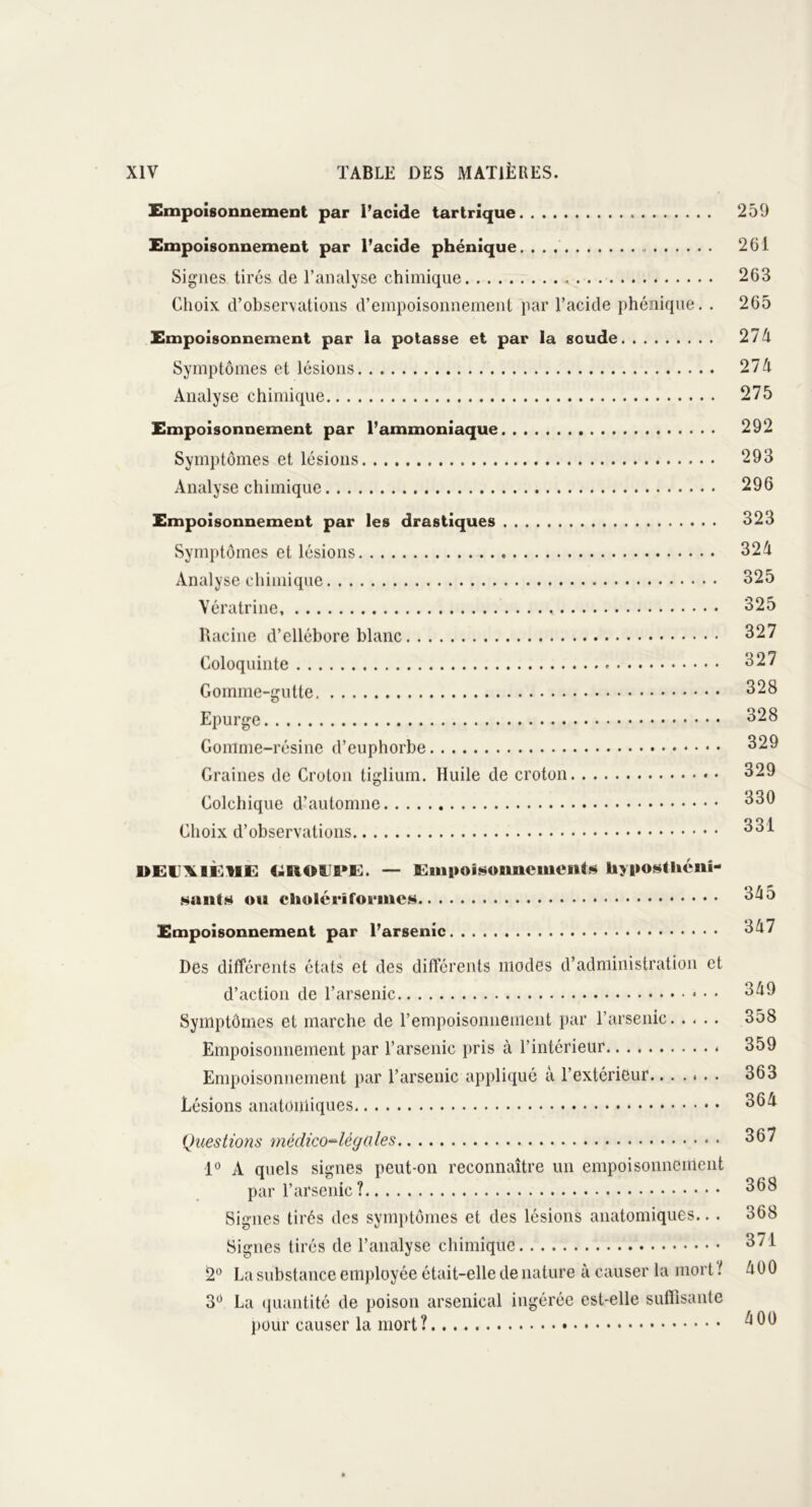 Empoisonnement par l’acide tartrique 259 Empoisonnement par l’acide phénique 261 Signes tirés de l’analyse chimique 263 Choix d’observations d’empoisonnement par l’acide phénique. . 265 Empoisonnement par la potasse et par la soude.... 274 Symptômes et lésions 274 Analyse chimique 275 Empoisonnement par l’ammoniaque 292 Symptômes et lésions 293 Analyse chimique 296 Empoisonnement par les drastiques 323 Symptômes et lésions 324 Analyse chimique 325 Vératrine 325 Racine d’ellébore blanc 327 Coloquinte 327 Gomme-gutte 328 Epurge 328 Gomme-résine d’euphorbe 329 Graines de Croton tiglium. Huile de croton 329 Colchique d’automne 330 Choix d’observations 331 UEiXIÈUE UROIPE. — E«n>ois«uneiuents liyposthcni- snnf* ou cholériformes 345 Empoisonnement par l’arsenic 347 Des différents états et des différents modes d’administration et d’action de l’arsenic * • • 349 Symptômes et marche de l’empoisonnement par l’arsenic 358 Empoisonnement par l’arsenic pris à l’intérieur * 359 Empoisonnement par l’arsenic appliqué à l’extérieur....... 363 Lésions anatomiques 364 Questions ynédico-^lègoles 367 1° A quels signes peut-on reconnaître un empoisonnement par l’arsenic? 368 Signes tirés des symptômes et des lésions anatomiques.. . 368 Signes tirés de l’analyse chimique 371 2° La substance employée était-elle de nature à causer la mort ! 400 3° La quantité de poison arsenical ingérée est-elle suffisante pour causer la mort ? ^ ^ ^