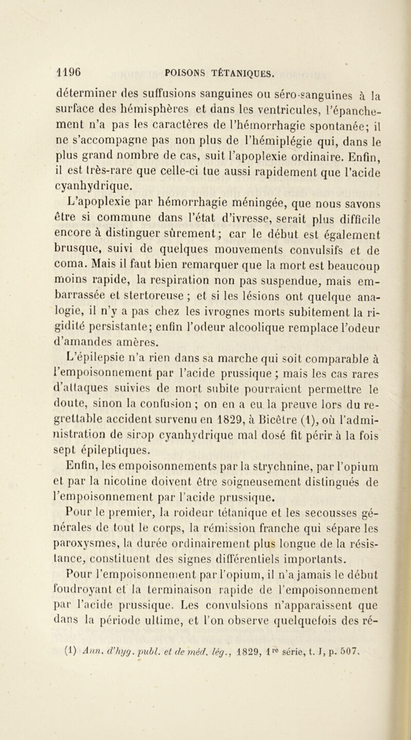 déterminer des suffusions sanguines ou séro-sanguines à la surface des hémisphères et dans les ventricules, l’épanche- ment n’a pas les caractères de l’hémorrhagie spontanée; il ne s’accompagne pas non plus de l’hémiplégie qui, dans le plus grand nombre de cas, suit l’apoplexie ordinaire. Enfin, il est très-rare que celle-ci lue aussi rapidement que l’acide cyanhydrique. L’apoplexie par hémorrhagie méningée, que nous savons être si commune dans l’état d’ivresse, serait plus difficile encore à distinguer sûrement ; car le début est également brusque, suivi de quelques mouvements convulsifs et de coma. Mais il faut bien remarquer que la mort est beaucoup moins rapide, la respiration non pas suspendue, mais em- barrassée et stertoreuse ; et si les lésions ont quelque ana- logie, il n’y a pas chez les ivrognes morts subitement la ri- gidité persistante; enfin l’odeur alcoolique remplace l’odeur d’amandes amères. L’épilepsie n’a rien dans sa marche qui soit comparable à l’empoisonnement par l’acide prussique ; mais les cas rares d’attaques suivies de mort subite pourraient permettre le doute, sinon la confusion ; on en a eu la preuve lors du re- grettable accident survenu en 1829, à Bicêtre (1), où l’admi- nistration de sirop cyanhydrique mal dosé fit périr à la fois sept épileptiques. Enfin, les empoisonnements par la strychnine, par l’opium et par la nicotine doivent être soigneusement distingués de l’empoisonnement par l’acide prussique. Pour le premier, la roideur tétanique et les secousses gé- nérales de tout le corps, la rémission franche qui sépare les paroxysmes, la durée ordinairement plus longue de la résis- tance, constituent des signes différentiels importants. Pour l’empoisonnement par l’opium, il n’a jamais le début foudroyant et la terminaison rapide de l’empoisonnement par l’acide prussique. Les convulsions n’apparaissent que dans la période ultime, et l’on observe quelquefois des ré-