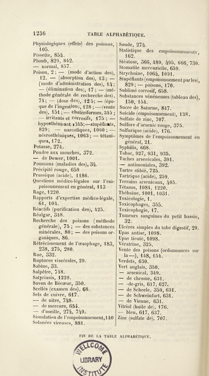 Physiologiques (effets) des poisons 105. ' Pissette, 85Zi. Plomb, 829, 842. — normal, 857. Poison, 2 ; — (mode d’action des), 12. — (absorption des), 13; — (mode d’administration des), 1 Zi ; — (élimination des), 17 ; — (mé- thode générale de recherche des), 74; — (dose des)5 12 5; — (épo- que de l’ingestion), 128 ; — (vente des), 151 ; — cholériformes, 345 ; — irritants et corrosifs, 175 ; — hyposthénisant >345;—stupéfiants, 829; — narcotiques, 1000 ; — névrosthéniques, 1063; — tétani- ques, 172. Potasse, 274. Poudre aux mouches, 372. — de Dower, 1001. Poumons (maladies des), 34- Précipité rouge, 658 Prussiquc (acide), 1186. Questions médico-légales sur l’em- poisonnement en général, 113 Rage, 1220. Rapports d’expertise médico-légale, 61, 104. Réactifs (purification des), 425. Réalgar, 348. Recherche des poisons ( méthode générale), 75 ; — des substances minérales, 80 ; — des poisons or- ganiques, 86. Rétrécissement de l’œsophage, 183, 238, 275, 280. Rue, 332. Ruptures viscérales, 29. Sabine, 33. Salpêtre, 748. Satyriasis, 1220. Savon de Bécœur, 350. Scellés (examen des), 68. Sels de cuivre, 617. — de nitre, 748. — de mercure, 654. — d’oseille, 274, 749. Simulation de l’empoisonnement, 140 Solanées vireuses, 881. FIN DF, LA TABL Soude, 274. Statistique des empoisonnements 162. Stéatose, 366, 489, 495, 666, 730. Stomatite mercurielle, 659. Strychnine, 1064, 1091. Stupéfiants (empoisonnement parles), 829 ; — poisons, 170. Sublimé corrosif, 658. Substances vénéneuses (tableau des), 150, 154. Sucre de Saturne, 847. Suicide (empoisonnement), 138. Sulfate de zinc, 707. Sulfure d’arsenic rouge, 375. Sulfurique (acide), 176. Symptômes de l’empoisonnement en général, 21. Syphilis, 668. Tabac, 927, 931, 935. Taches arsenicales, 391. — antimoniales, 392. Tartre stibié, 725. Tartrique (acide), 259. Terrains arsenicaux, 405. Tétanos, 1084, 1220. Thébaïne, 1001, 1031. Toxicologie, 1. Toxicophages, 355. Toxicophagie, 17. Tumeurs sanguines du petit bassin, 32. Ulcères simples du tube digestif, 29. Upas antiar, 1098. Upas tieuté, 1098. Vératrine, 325. Vente des poisons (ordonnances sur la-—), 148, 154. Verdets, 630. Vert anglais, 350. — arsenical, 349. — de chrome, 631. de-gris, 617, 627. — de Scheele, 350, 631. — de Schweinfurt, 631. — de Vienne, 631. Vitriol (huile de), 176. — bleu, 617, 637. Zinc (sulfate de), 707. ALPHABÉTIQUE.