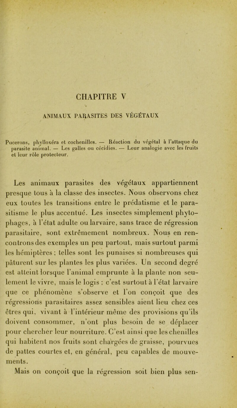 CHAPITRE Y ANIMAUX PARASITES DES VÉGÉTAUX Pucerons, phylloxéra et cochenilles. — Réaction du végétal à l’attaque du parasite animal. — Les galles ou cécidies. — Leur analogie avec les fruits et leur rôle protecteur. Les animaux parasites des végétaux appartiennent presque tous à la classe des insectes. Nous observons chez eux toutes les transitions entre le prédatisme et le para- sitisme le plus accentué. Les insectes simplement phyto- phages, à l’état adulte ou larvaire, sans trace de régression parasitaire, sont extrêmement nombreux. Nous en ren- controns des exemples un peu partout, mais surtout parmi les hémiptères ; telles sont les punaises si nombreuses qui pâturent sur les plantes les plus variées. Un second degré est atteint lorsque l’animal emprunte à la plante non seu- lement le vivre, mais le logis ; c’est surtout à l'état larvaire que ce phénomène s’observe et l’on conçoit que des régressions parasitaires assez sensibles aient lieu chez ces êtres qui, vivant à l’intérieur même des provisions qu'ils doivent consommer, n’ont plus besoin de se déplacer pour chercher leur nourriture. C’est ainsi que les chenilles qui habitent nos fruits sont chargées de graisse, pourvues de pattes courtes et, en général, peu capables de mouve- ments. Mais on conçoit que la régression soit bien plus sen-