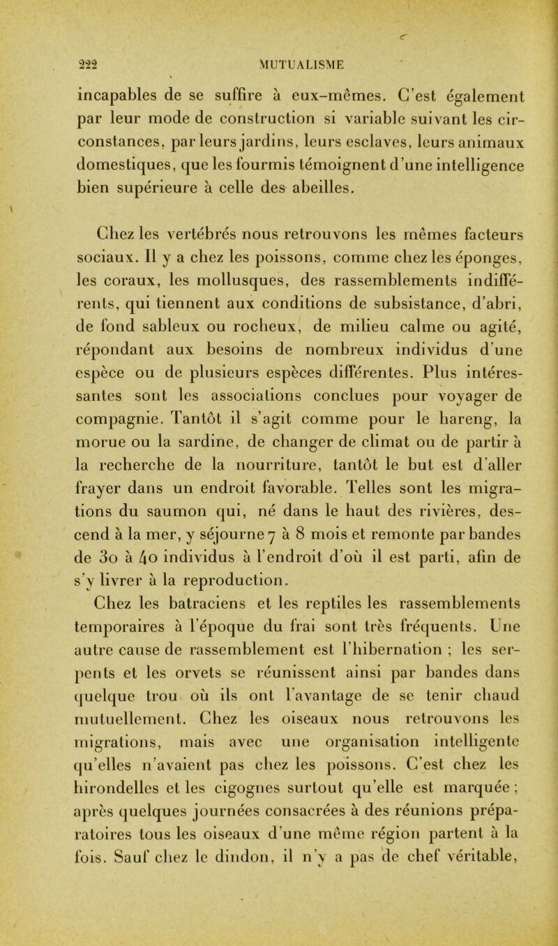 <r 222 MUTUALISME incapables de se suffire à eux-mêmes. C’est également par leur mode de construction si variable suivant les cir- constances, par leurs jardins, leurs esclaves, leurs animaux domestiques, que les fourmis témoignent d’une intelligence bien supérieure à celle des abeilles. Chez les vertébrés nous retrouvons les mêmes facteurs sociaux. Il y a chez les poissons, comme chez les éponges, les coraux, les mollusques, des rassemblements indiffé- rents, qui tiennent aux conditions de subsistance, d’abri, de fond sableux ou rocheux, de milieu calme ou agité, répondant aux besoins de nombreux individus d'une espèce ou de plusieurs espèces différentes. Plus intéres- santes sont les associations conclues pour voyager de compagnie. Tantôt il s’agit comme pour le hareng, la morue ou la sardine, de changer de climat ou de partir à la recherche de la nourriture, tantôt le but est d’aller frayer dans un endroit favorable. Telles sont les migra- tions du saumon qui, né dans le haut des rivières, des- cend à la mer, y séjourne 7 à 8 mois et remonte par bandes de 3o à 4o individus à l’endroit d’où il est parti, afin de s’y livrer à la reproduction. Chez les batraciens et les reptiles les rassemblements temporaires à l’époque du frai sont très fréquents. Une autre cause de rassemblement est l’hibernation ; les ser- pents et les orvets se réunissent ainsi par bandes dans quelque trou où ils ont l’avantage de se tenir chaud mutuellement. Chez les oiseaux nous retrouvons les migrations, mais avec une organisation intelligente qu elles n avaient pas chez les poissons. C’est chez les hirondelles et les cigognes surtout qu’elle est marquée ; après quelques journées consacrées à des réunions prépa- ratoires tous les oiseaux d’une même région partent à la fois. Sauf chez le dindon, il n’y a pas de chef véritable,