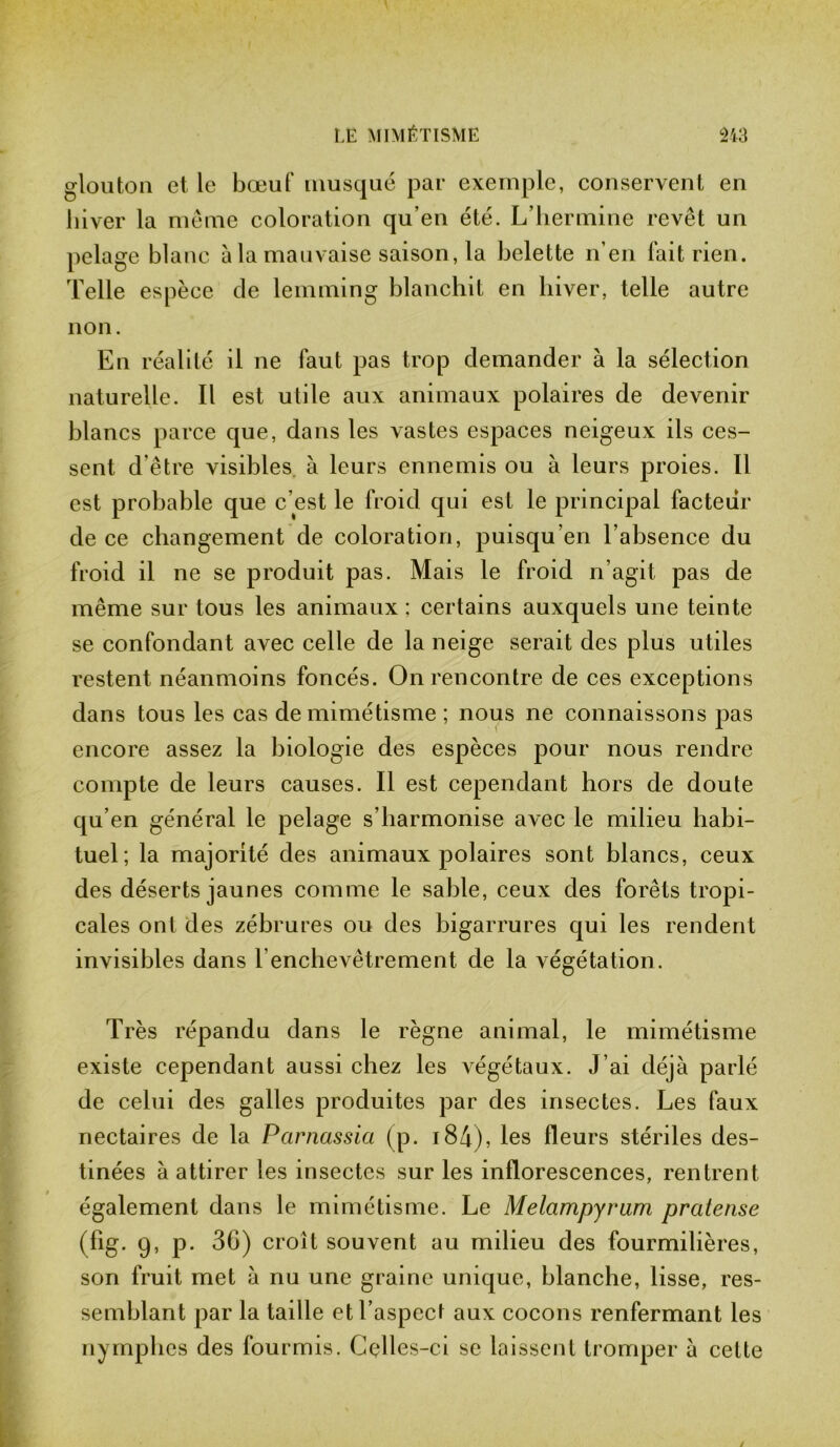 glouton et le bœuf musqué par exemple, conservent en hiver la meme coloration qu’en été. L’hermine revêt un pelage blanc à la mauvaise saison, la belette n’en fait rien. Telle espèce de lemming blanchit en hiver, telle autre non. En réalité il ne faut pas trop demander à la sélection naturelle. Il est utile aux animaux polaires de devenir blancs parce que, dans les vastes espaces neigeux ils ces- sent d’être visibles à leurs ennemis ou à leurs proies. Il est probable que c’est le froid qui est le principal facteur de ce changement de coloration, puisqu’en l’absence du froid il ne se produit pas. Mais le froid n’agit pas de même sur tous les animaux ; certains auxquels une teinte se confondant avec celle de la neige serait des plus utiles restent néanmoins foncés. On rencontre de ces exceptions dans tous les cas de mimétisme ; nous ne connaissons pas encore assez la biologie des espèces pour nous rendre compte de leurs causes. Il est cependant hors de doute qu’en général le pelage s’harmonise avec le milieu habi- tuel; la majorité des animaux polaires sont blancs, ceux des déserts jaunes comme le sable, ceux des forêts tropi- cales ont des zébrures ou des bigarrures qui les rendent invisibles dans l’enchevêtrement de la végétation. Très répandu dans le règne animal, le mimétisme existe cependant aussi chez les végétaux. J’ai déjà parlé de celui des galles produites par des insectes. Les faux nectaires de la Parnassia (p. i84), les fleurs stériles des- tinées à attirer les insectes sur les inflorescences, rentrent également dans le mimétisme. Le Melampyram pratense (fig. 9, p. 3G) croît souvent au milieu des fourmilières, son fruit met à nu une graine unique, blanche, lisse, res- semblant par la taille et l’aspect aux cocons renfermant les nymphes des fourmis. Celles-ci se laissent tromper à cette